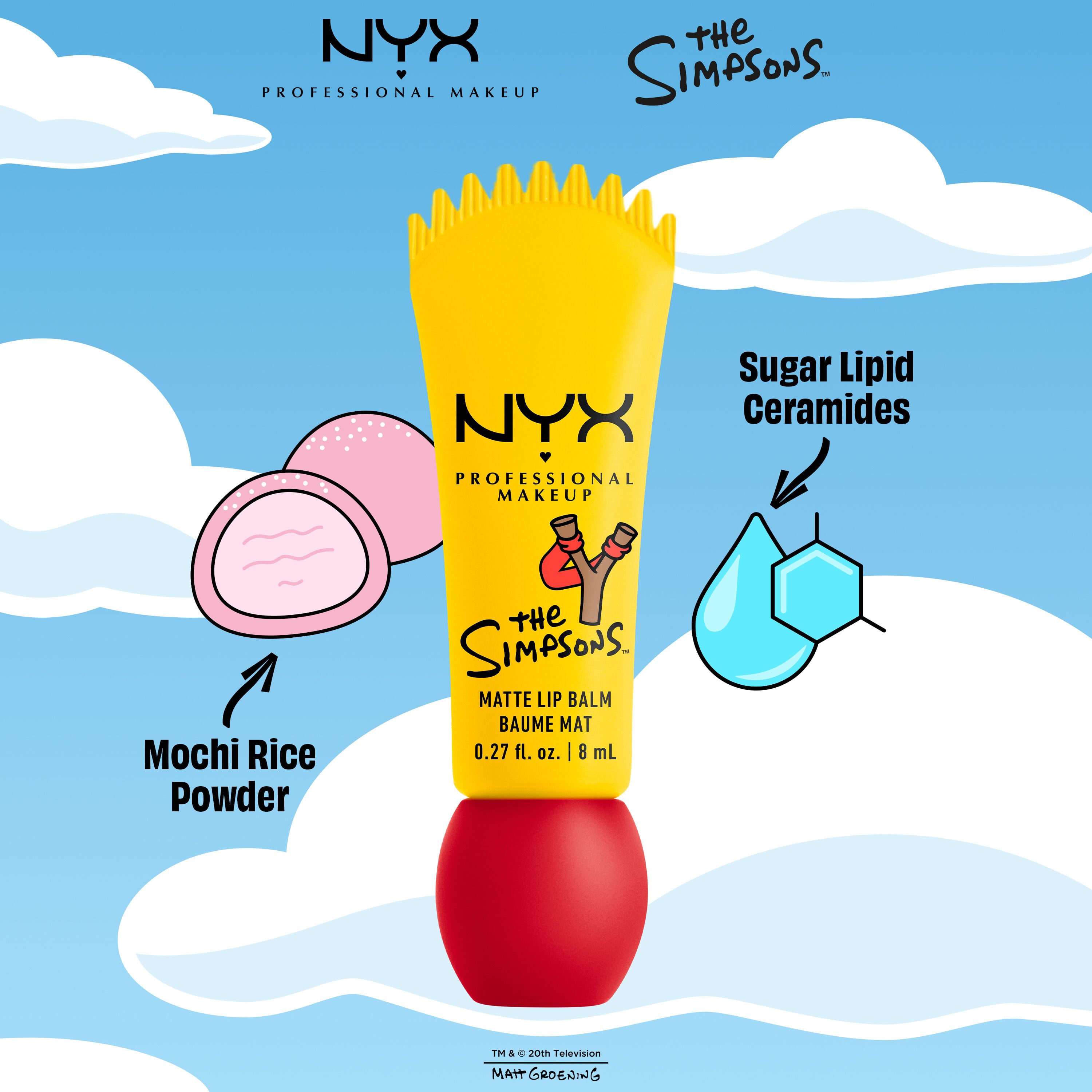 NYX Professional Makeup The Simpsons Smushy Matte Lip Balm packshot with illustrated ingredients including mochi rice powder and sugar lipid ceramides 02 Rebel Red