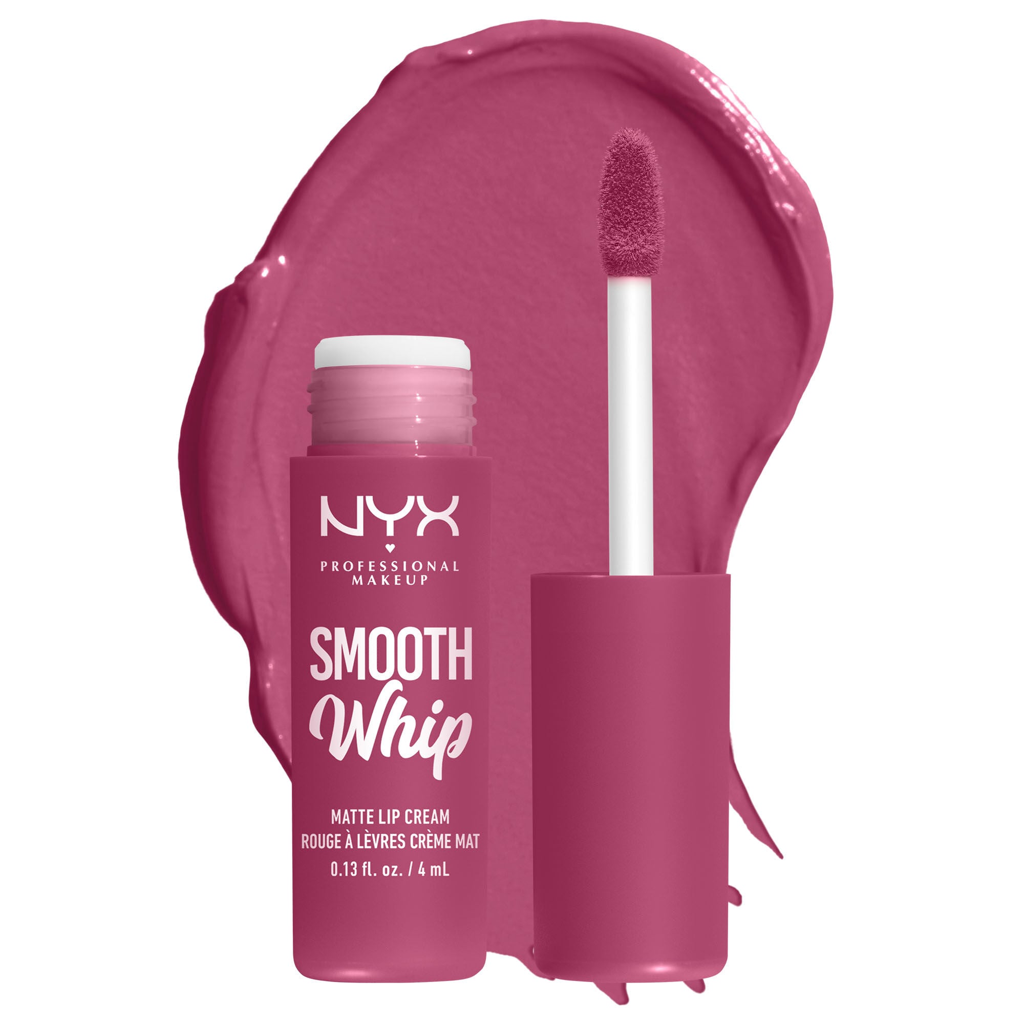 Smooth Whip Matte Lip Cream open tube on white background & dark green blue lip cream smear