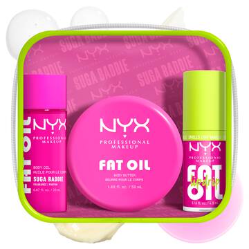 NYX Professional Makeup Suga Baddie Fat Oil Lip & Body Kit  - front of kit packaging showing FAT OIL products and swatches
