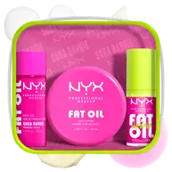 NYX Professional Makeup Suga Baddie Fat Oil Lip & Body Kit  - front of kit packaging showing FAT OIL products and swatches