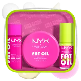 NYX Professional Makeup Suga Baddie Fat Oil Lip & Body Kit  - front of kit packaging showing FAT OIL products and swatches