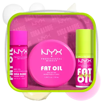 NYX Professional Makeup Suga Baddie Fat Oil Lip & Body Kit  - front of kit packaging showing FAT OIL products and swatches
