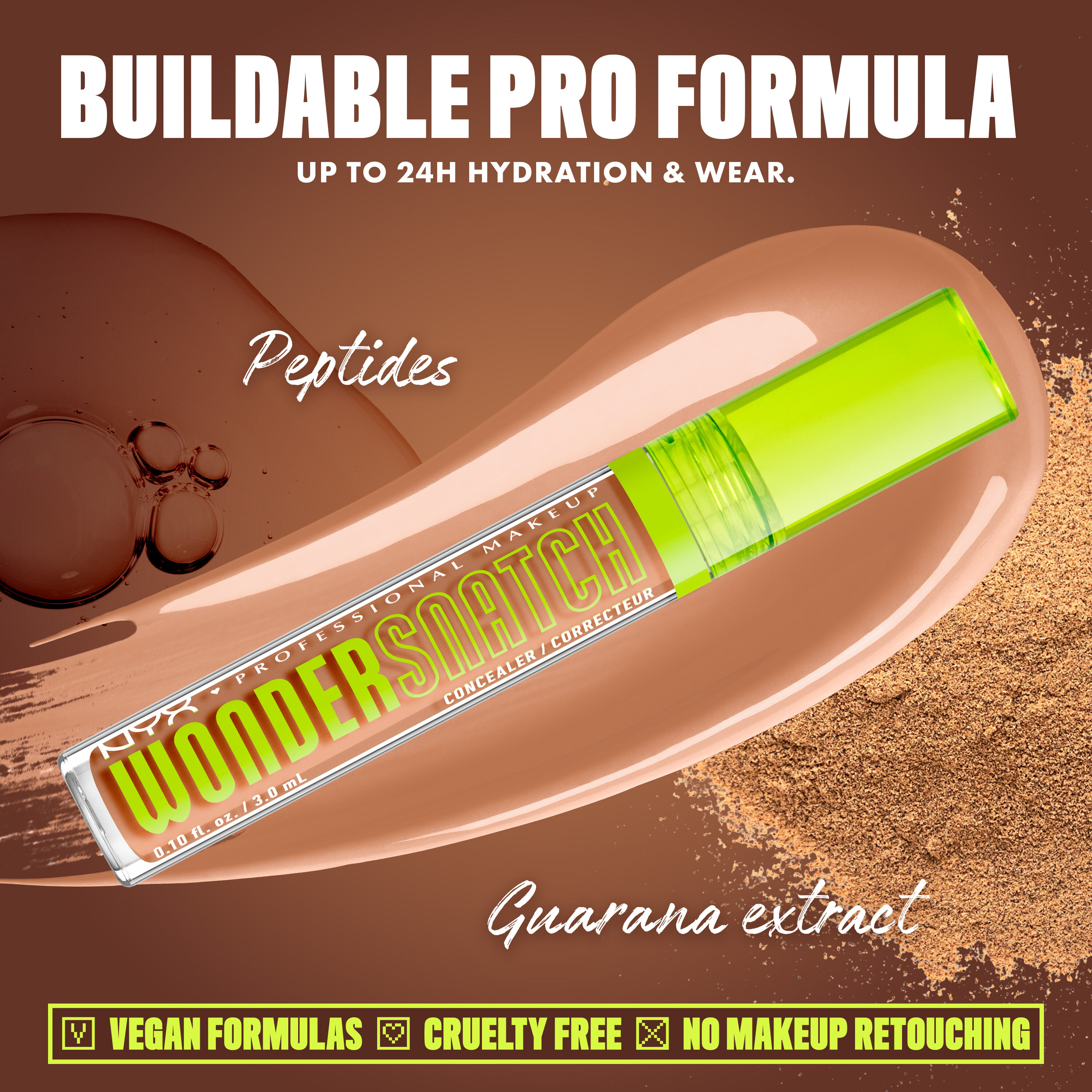 Wonder Snatch(TM) Concealer image with text: "Buildable Pro Formula. Up to 24H Hydration & Wear. Peptides. Guarana extract. Vegan Formulas. Cruelty Free. No Makeup Retouching."