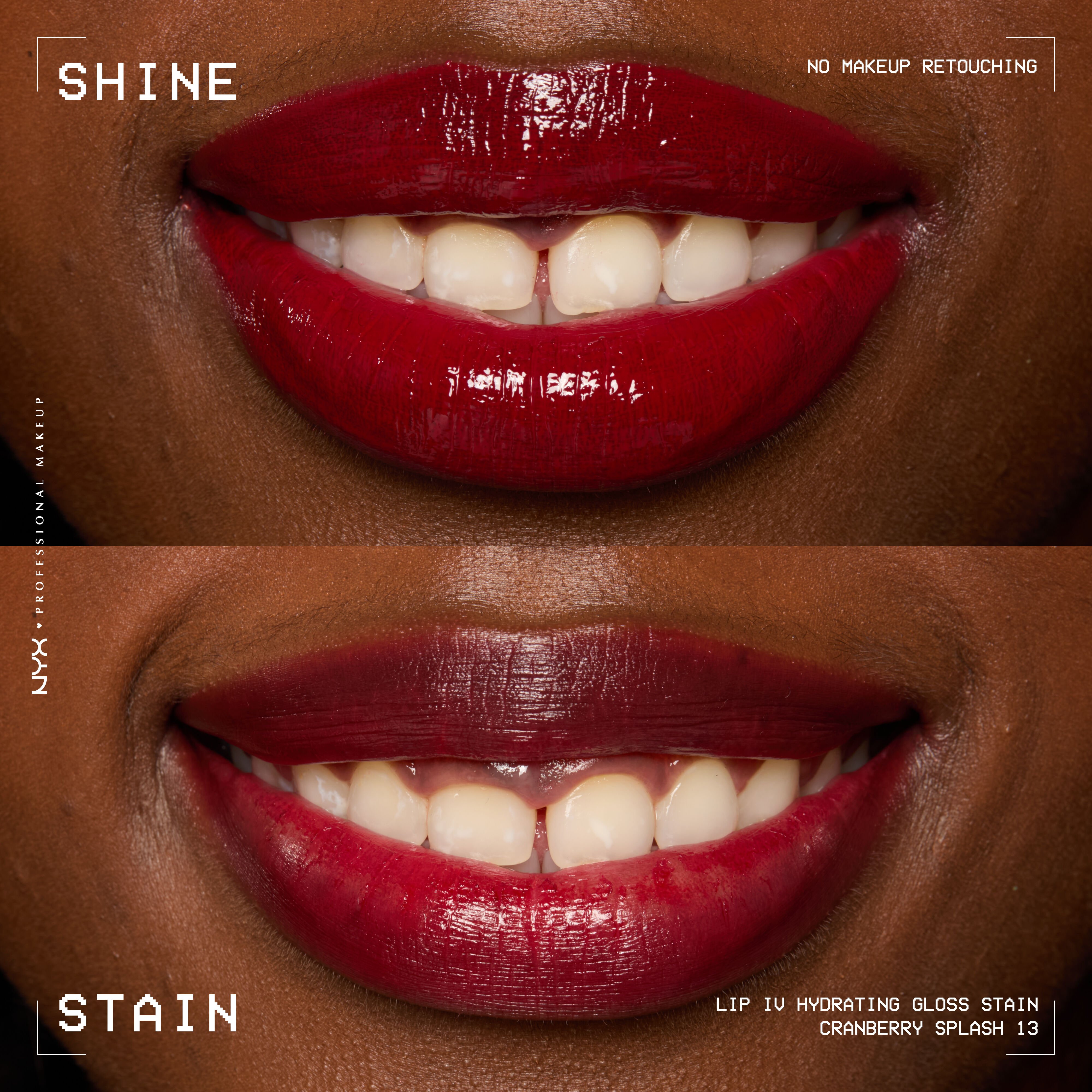 comparison of lips when glossy from Lip I.V. Hydrating Lip Stain vs after staining labeled “Shine” and “Stain”