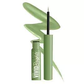 Vivid Brights Colored Liquid Eyeliner bottle on white background and eyeliner squiggle