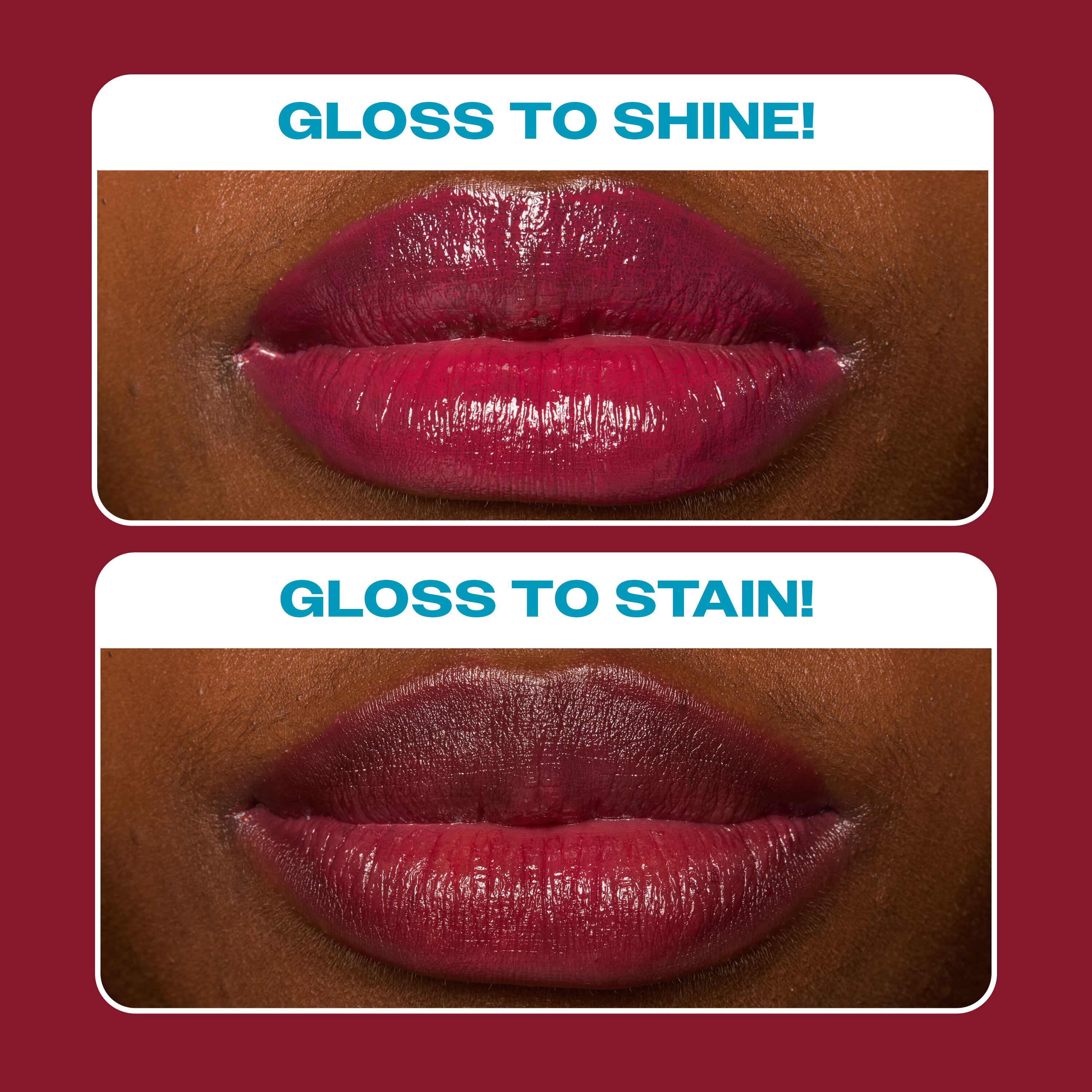 NYX Professional Makeup Lip I.V. Hydrating Lip Gloss Stain shown on lips before and after gloss transforms to stain.