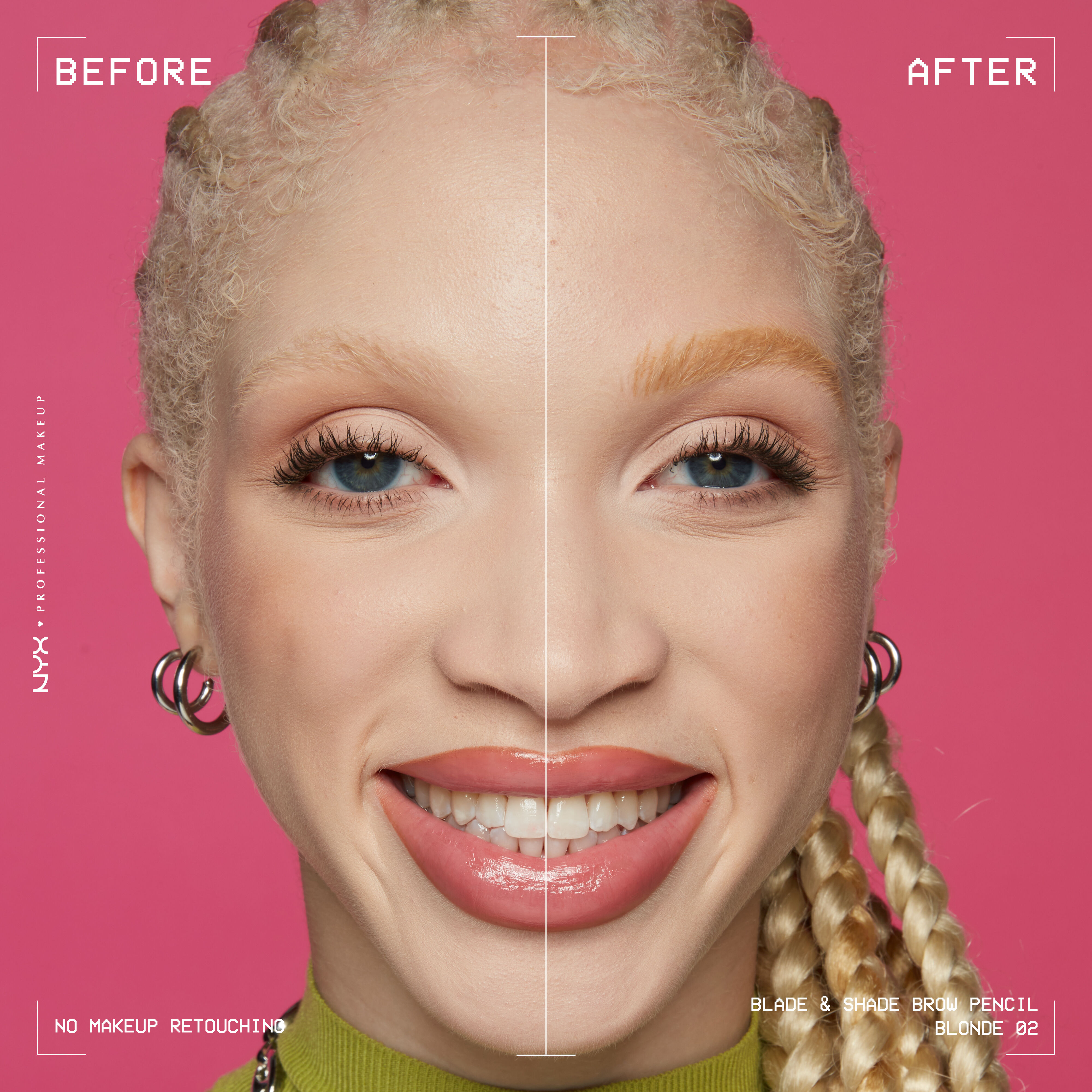 woman facing forward showing before and after of Blade & Shade Nano Brow Pencil on eyebrows