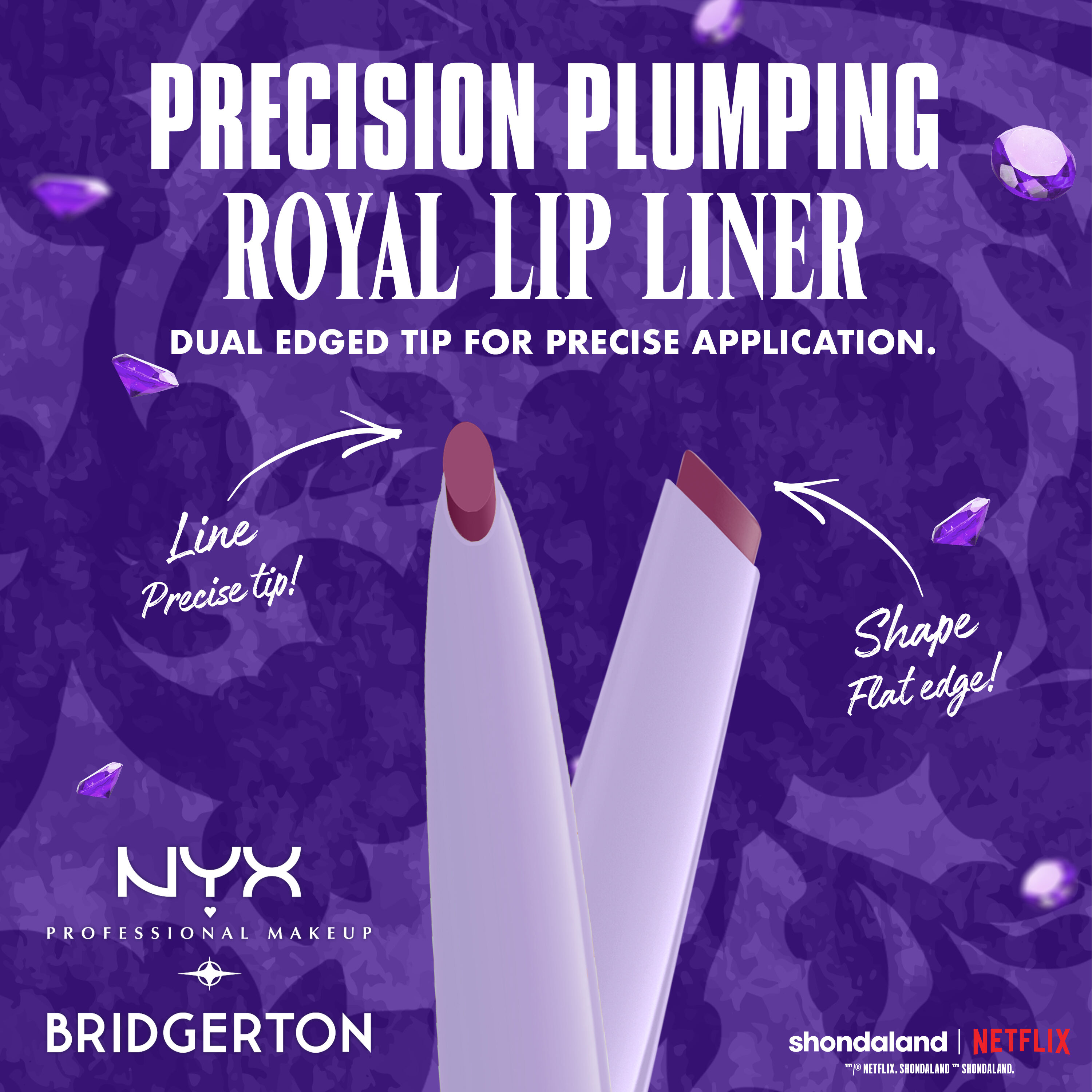 NYX Precision Duck Plump Plumping Royal Lip Liner shown with dual-ended tips, featuring benefits for precise application and shaping in shade Amethyst Amour, Cupid's Secret