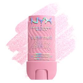 NYX Buttermelt Stix Glow Boosting Stick in shade My Melt Era 04, pink shimmer swatch behind