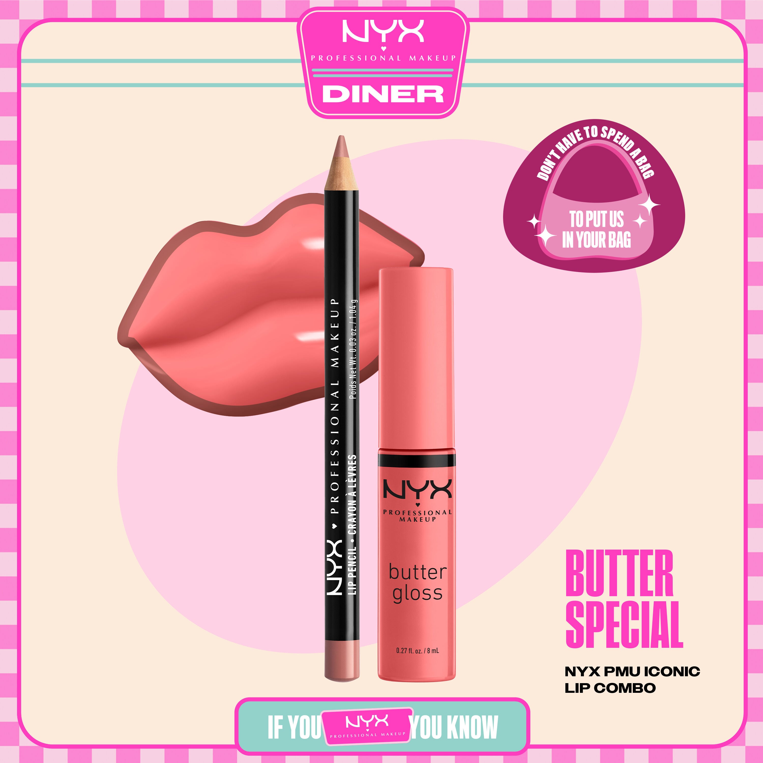 NYX Professional Makeup Slim Lip Pencil in 858 Nude Pink and Butter Gloss in 05 Creme Brulee shown in a stylized packshot with pink lips and product packaging.