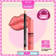 NYX Professional Makeup Slim Lip Pencil in 858 Nude Pink and Butter Gloss in 05 Creme Brulee shown in a stylized packshot with pink lips and product packaging.