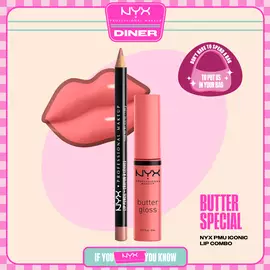 NYX Professional Makeup Slim Lip Pencil in 858 Nude Pink and Butter Gloss in 05 Creme Brulee shown in a stylized packshot with pink lips and product packaging.