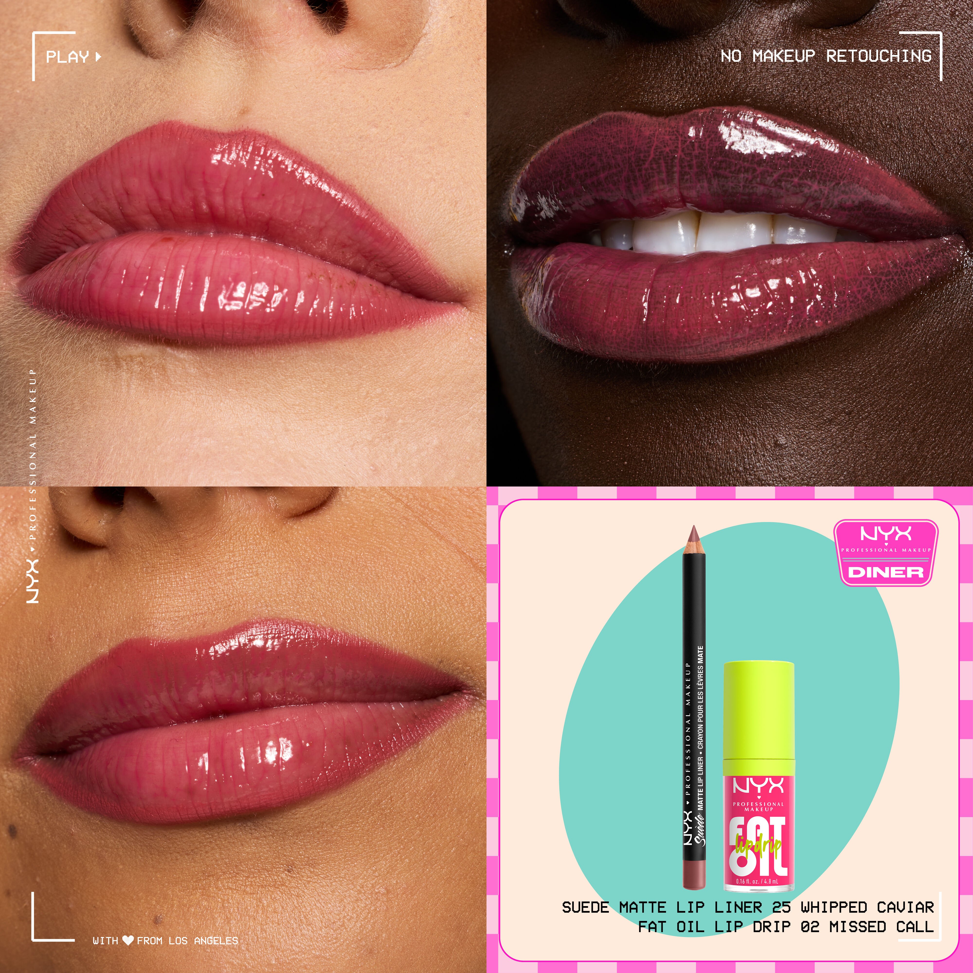 NYX Professional Makeup Suede Matte Lip Liner in 25 Whipped Caviar and Fat Oil Lip Drip in 02 Missed Call shown on three lip close-ups with a small product duo packshot.