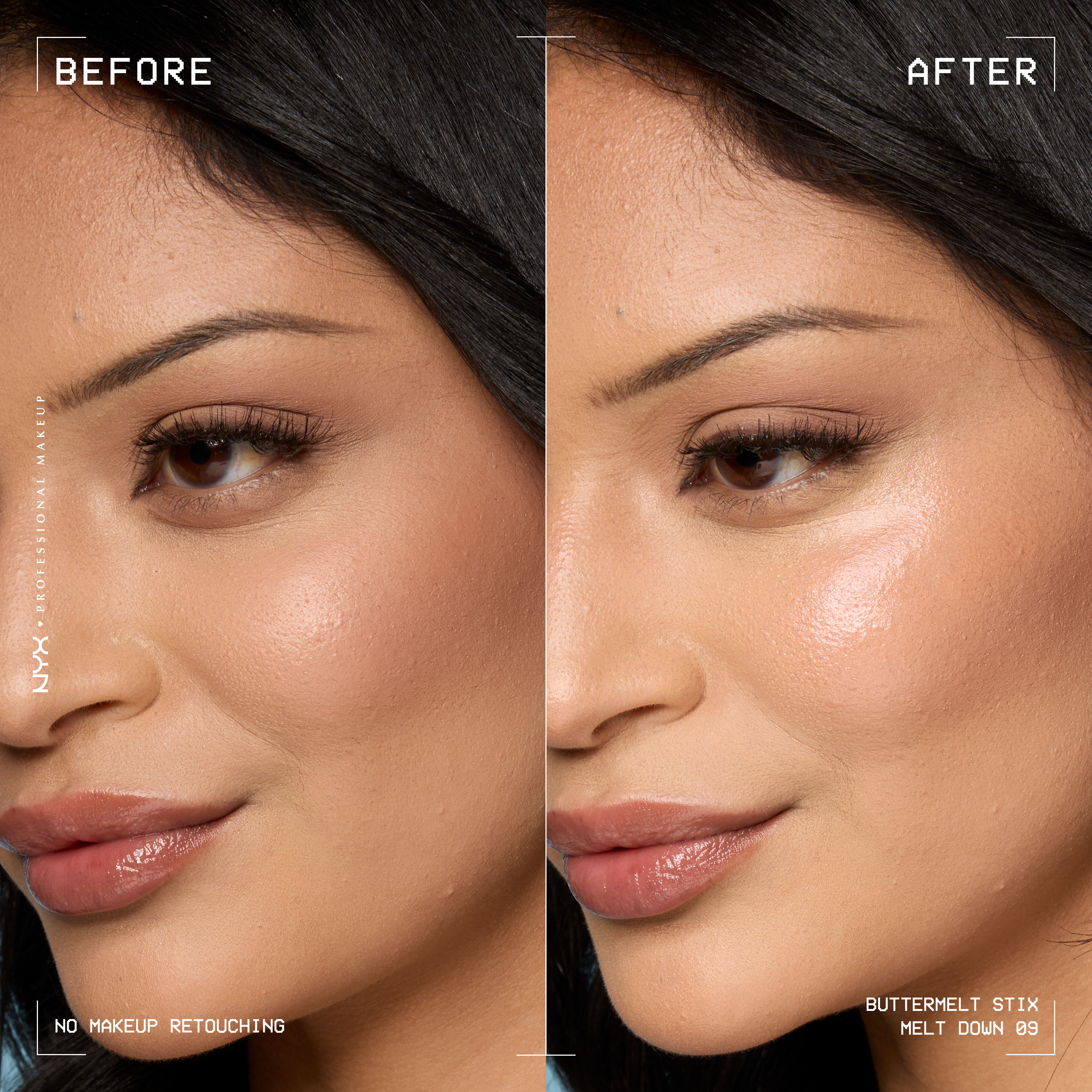 Before and after of model wearing NYX Buttermelt Stix Melt Down 09 showing coral glow finish, “No Makeup Retouching” text