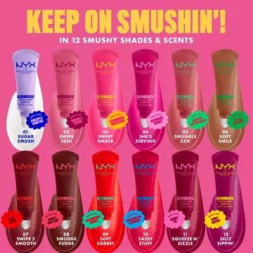 All 12 Smushy Matte Lip Balm shades with color swatches, shade name, and scent on pink background