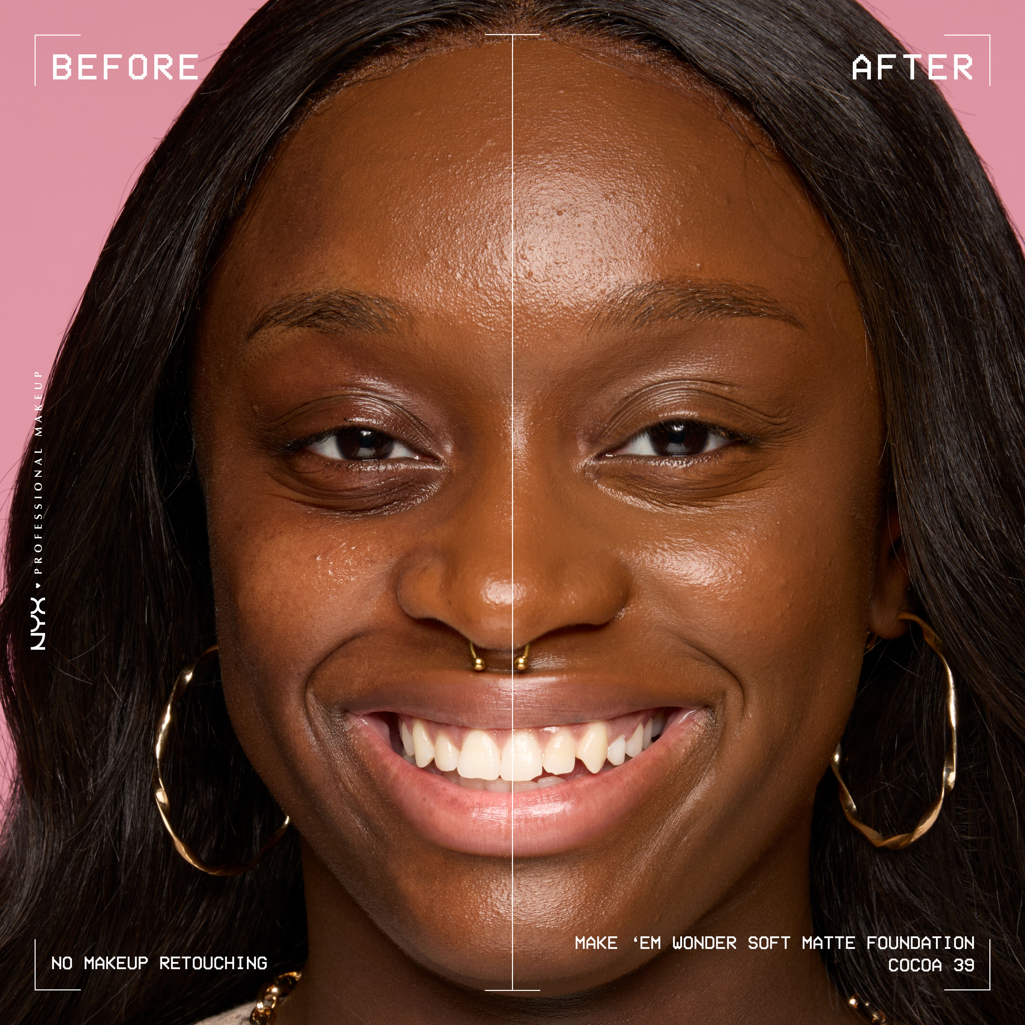 Before-and-after model wearing NYX Make ’Em Wonder Foundation shade 39 Cocoa, text overlay “Before / After.”