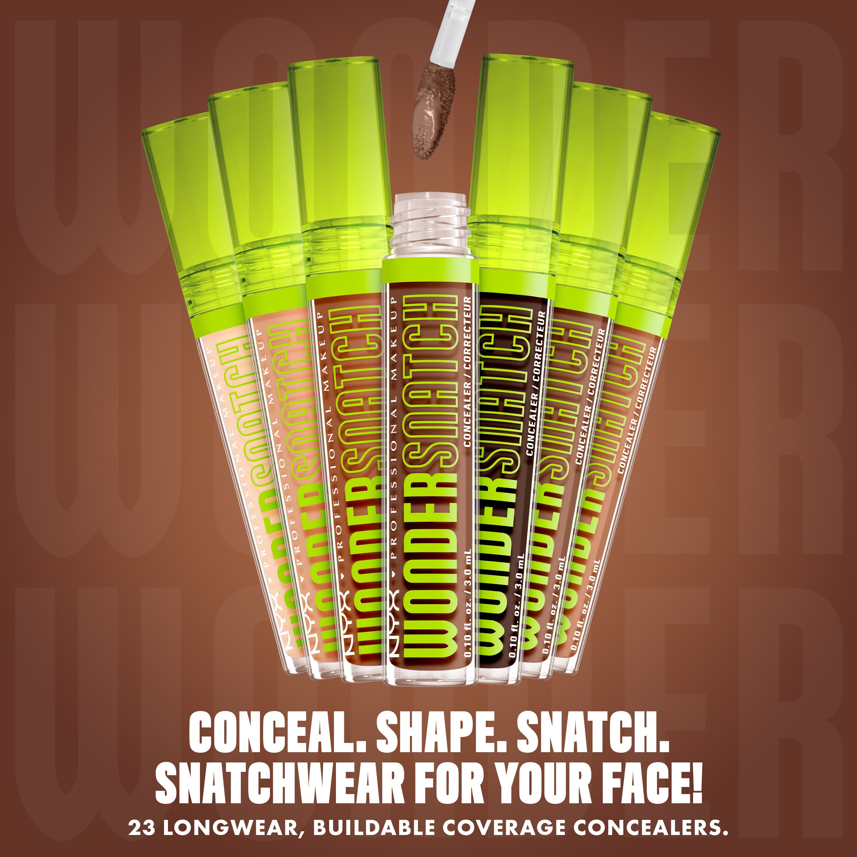 Sample of Wonder Snatch(TM) Concealer shades with text: "Conceal. Shape. Snatch. Snatchwear for your face! 23 longwear, buildable coverage concealers."