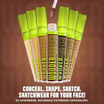 Sample of Wonder Snatch(TM) Concealer shades with text: "Conceal. Shape. Snatch. Snatchwear for your face! 23 longwear, buildable coverage concealers."