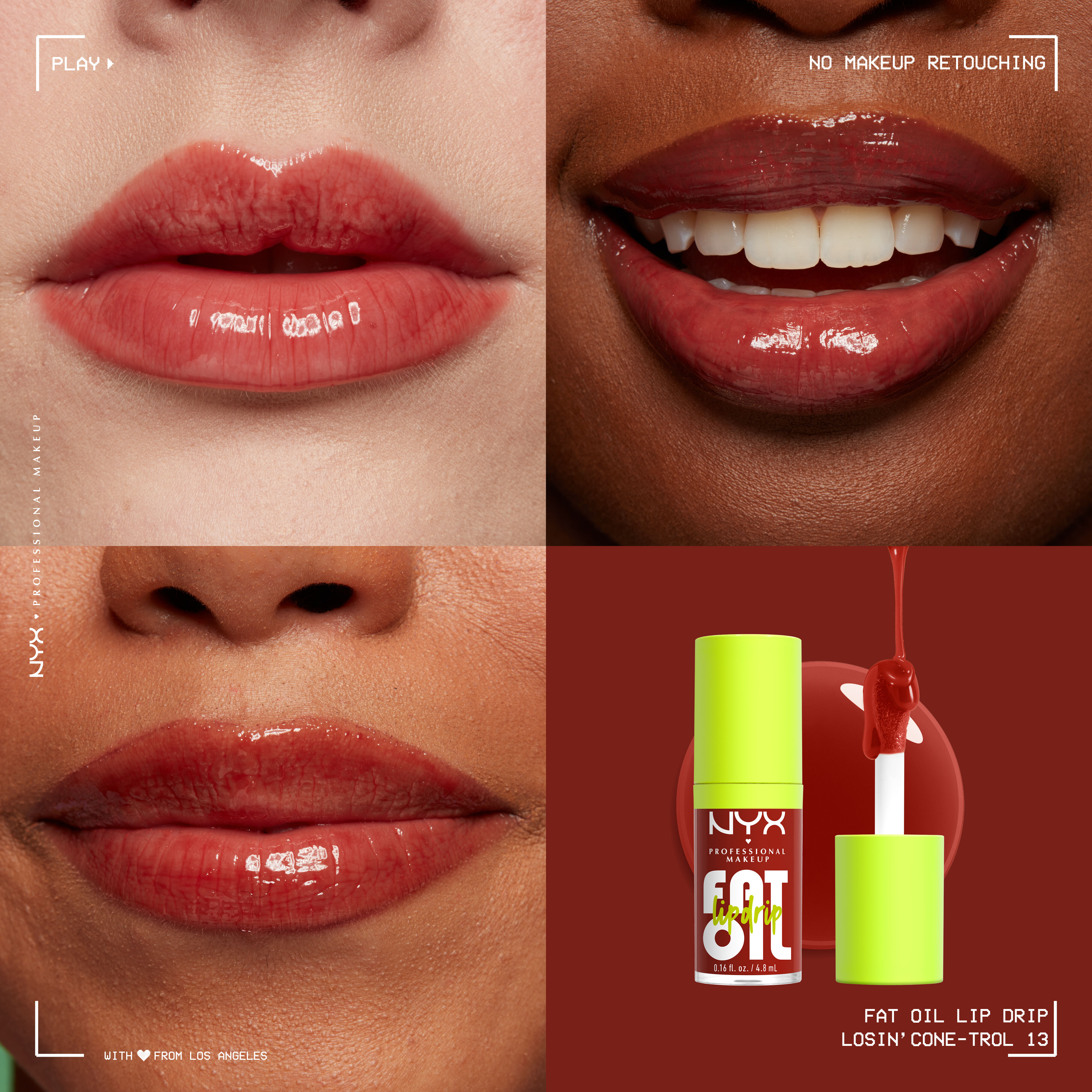 Fat Oil Lip Drip Lip Oil in shade Losin' Cone-trol on three different skin tones