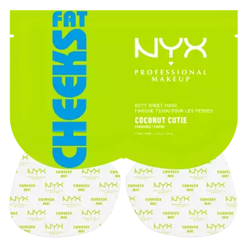 NYX Professional Makeup Fat Cheeks Butt Mask - front packaging with sheet mask patches displayed outside of sachet.