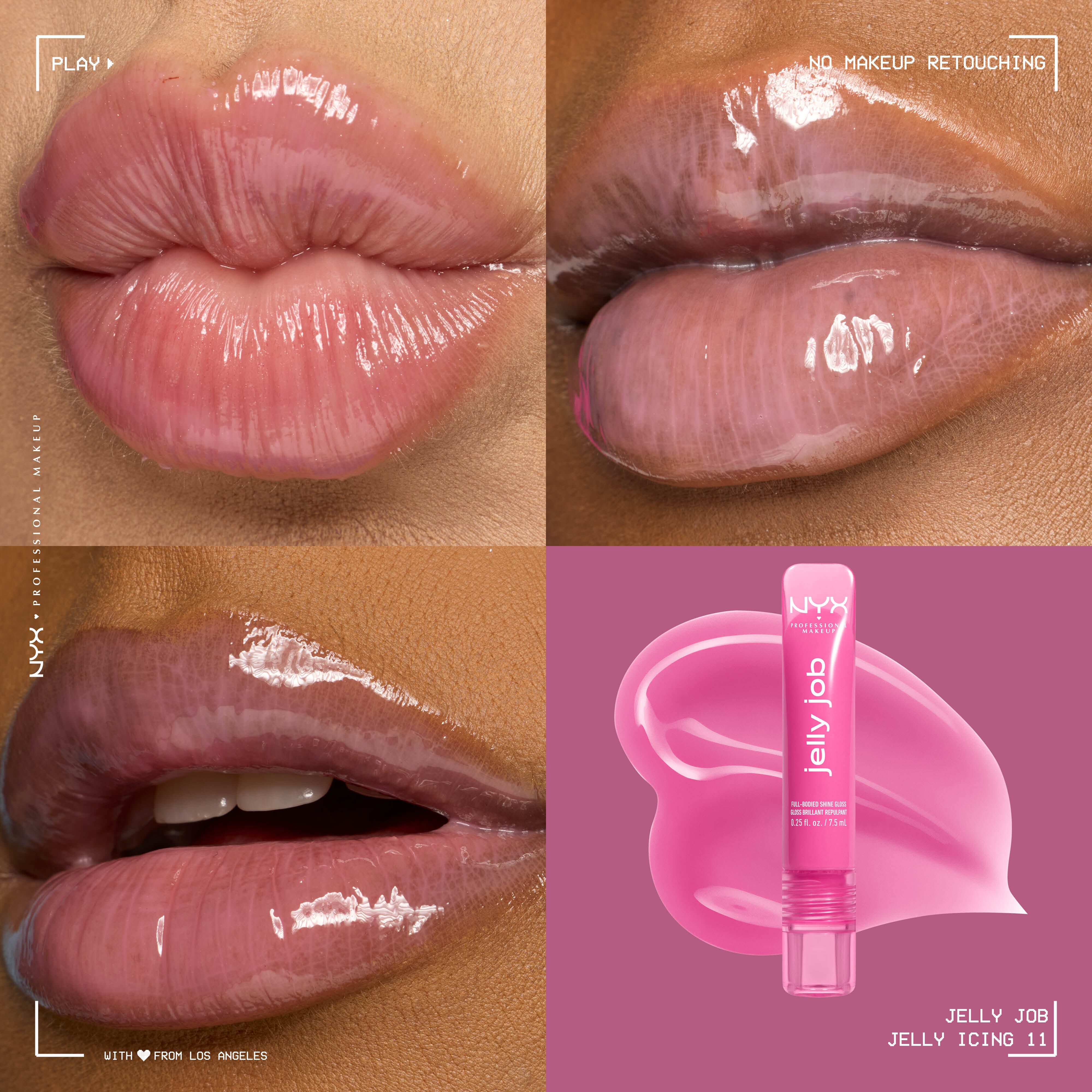 Close up of 3 models with varying skin tones wearing Jelly Job Jelly Lip Gloss in shade 'Jelly Icing', an icy lilac color