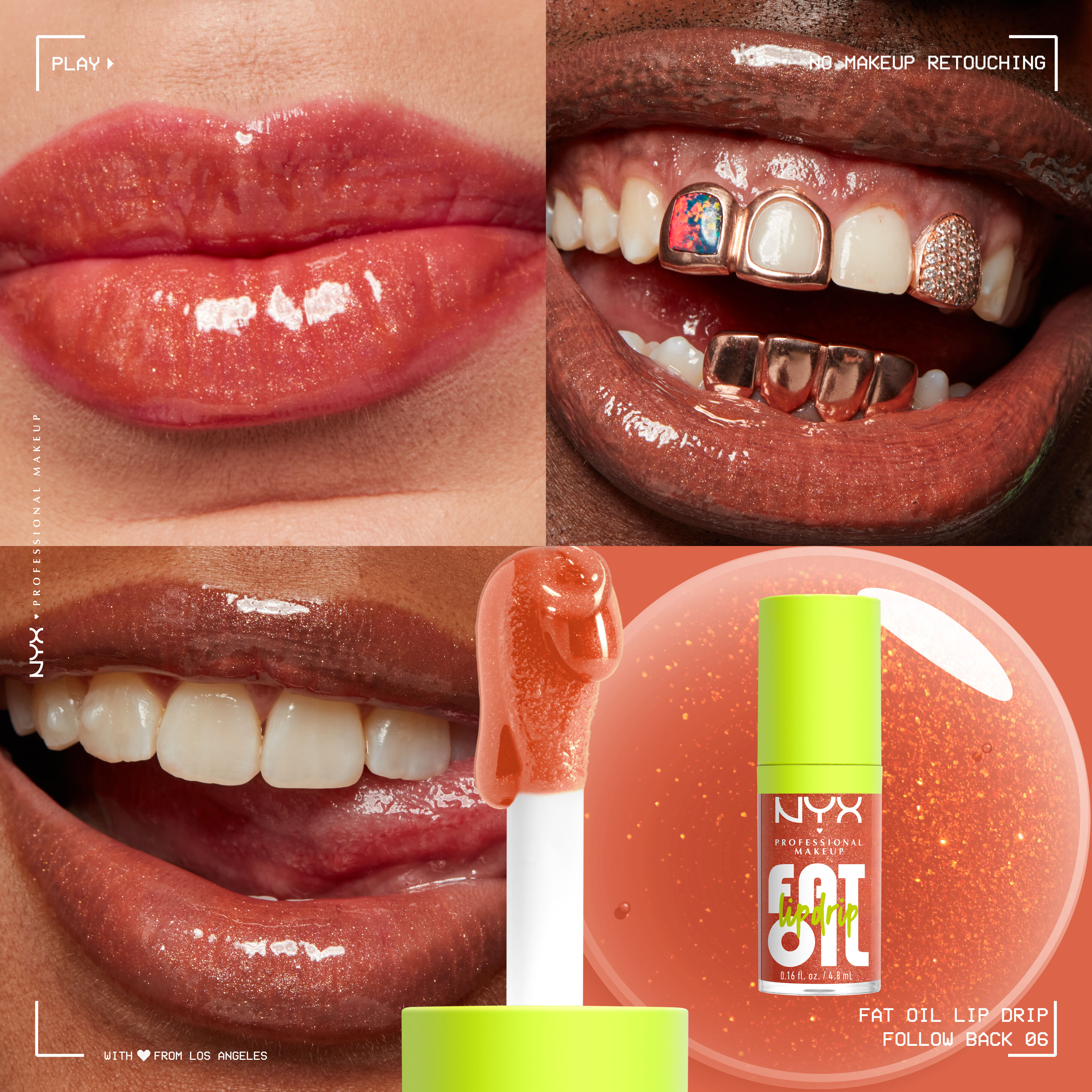 Fat Oil Lip Drip Lip Oil in shade Follow Back on three different skin tones