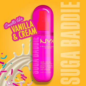 Suga Baddie Vanilla & Cream scent feature on yellow/orange background with candy decorations.