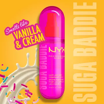 Suga Baddie Vanilla & Cream scent feature on yellow/orange background with candy decorations.