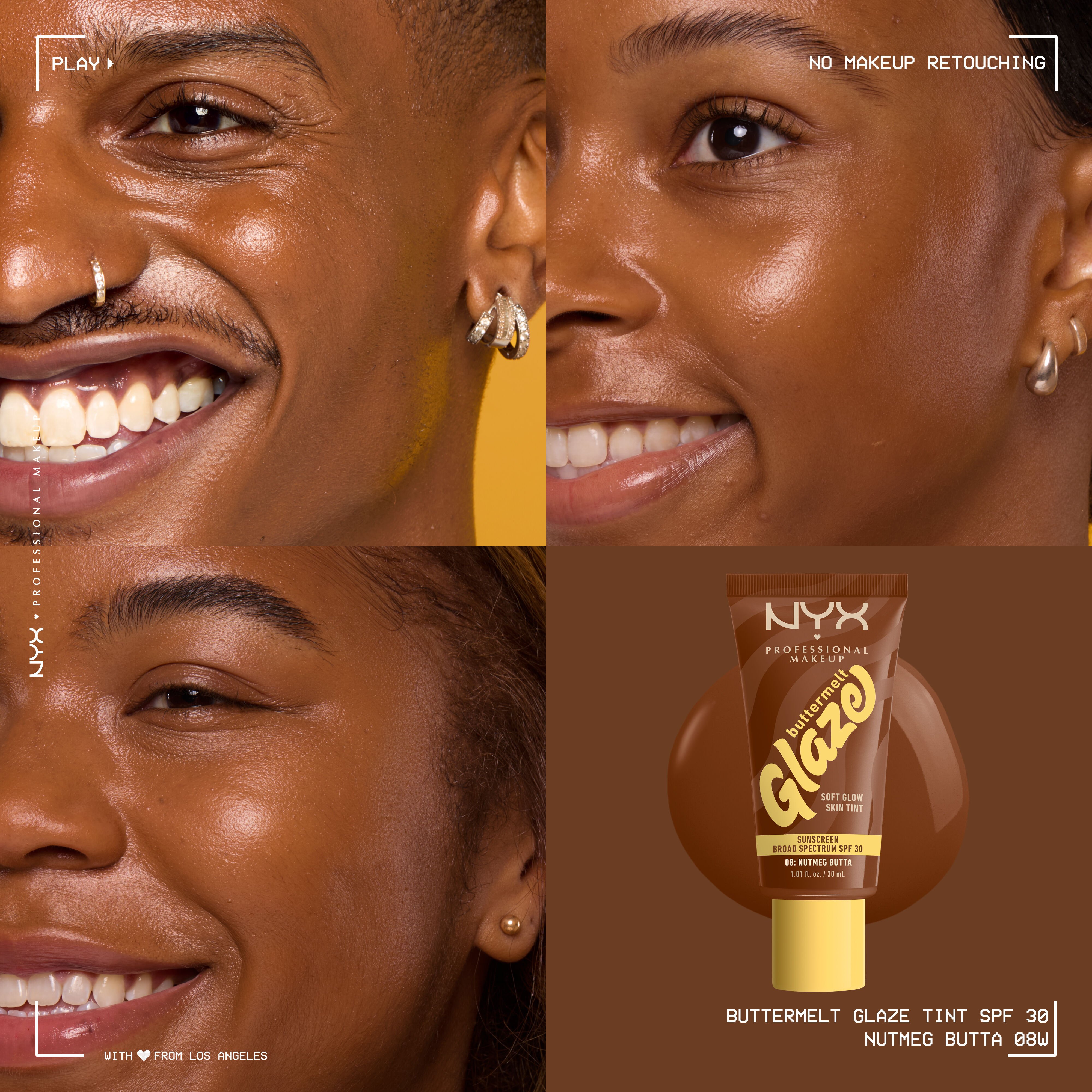 closeups of three models wearing Buttermelt Glaze Skin Tint with SPF 30 with bottle