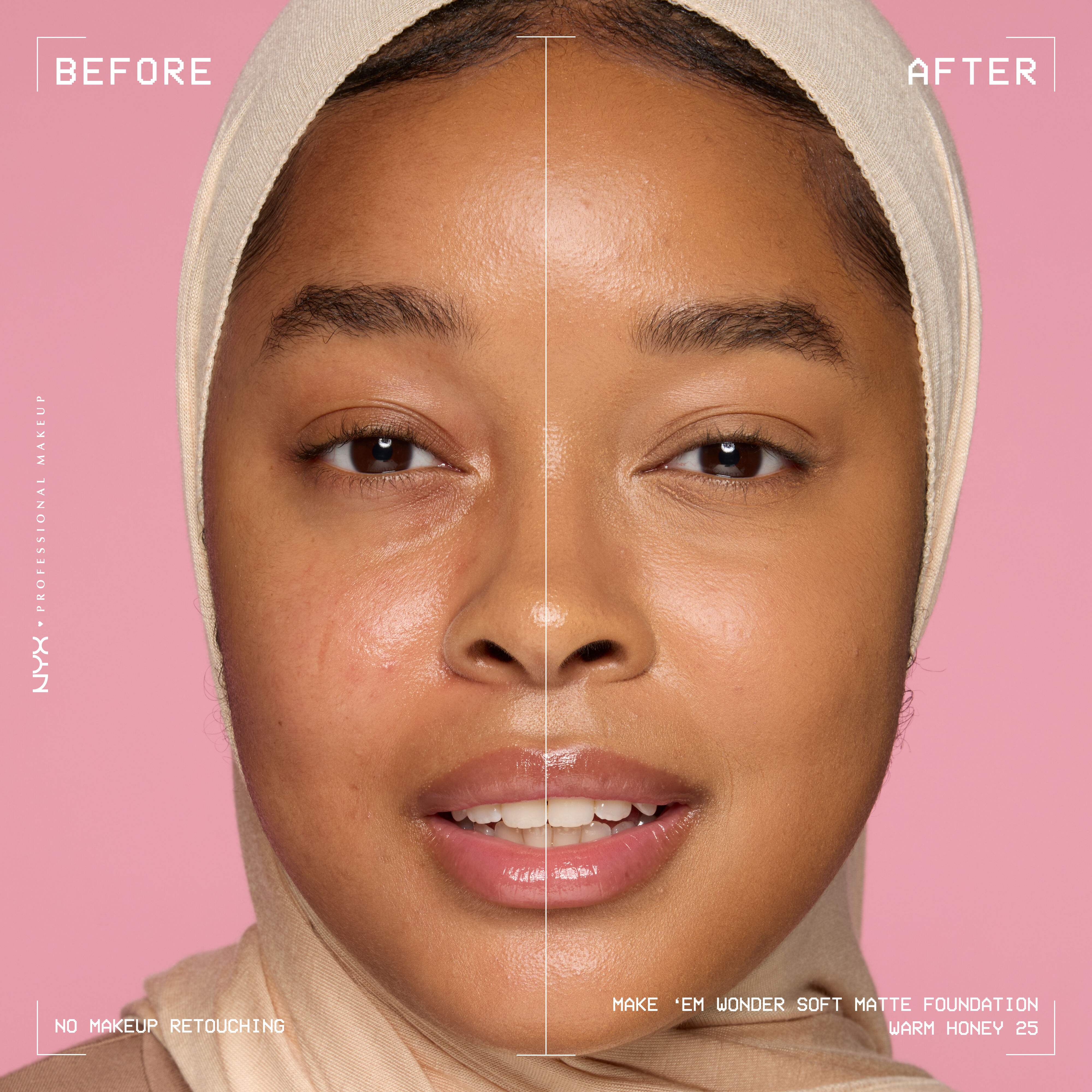 Before-and-after model wearing NYX Make ’Em Wonder Foundation shade 25 Warm Honey, text overlay “Before / After.”
