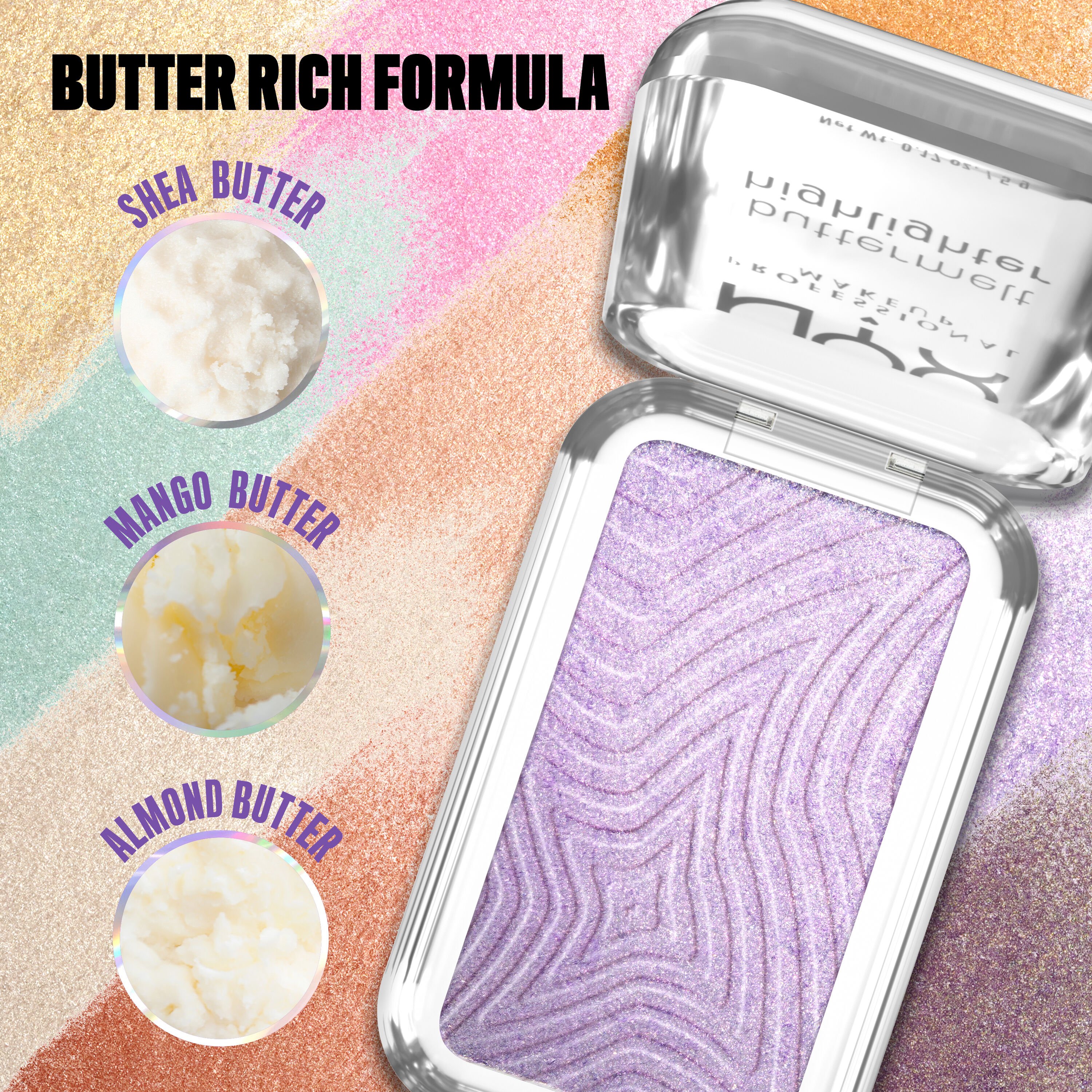 Open Buttermelt Highlighter in purple shade "No. 1 Butta", with image close-ups of shea, mango, and almond butter