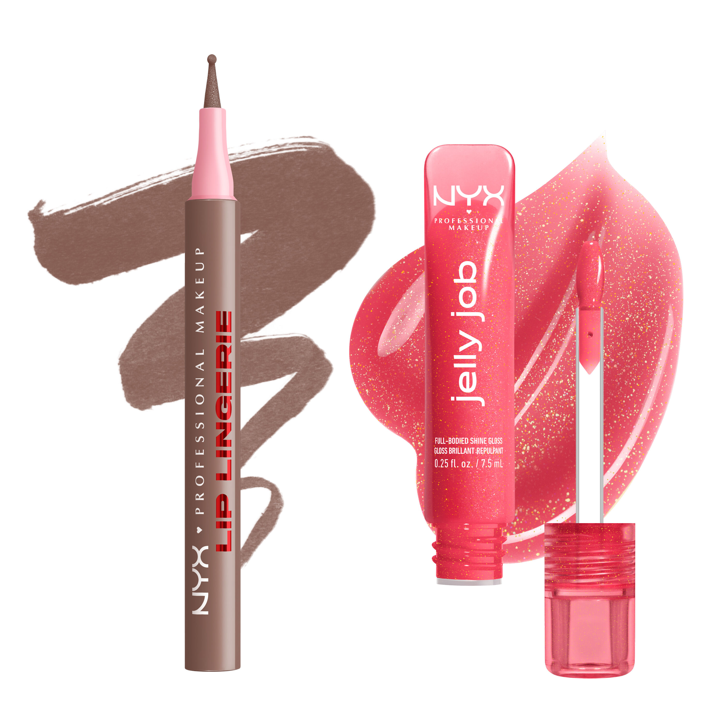 NYX Professional Makeup Lip Lingerie Lip Liner Stain in 05 Lip Lock and Jelly Job Full Bodied Shine Gloss in 08 Jelly Kiss’d shown with matching lip swatches on a white background.
