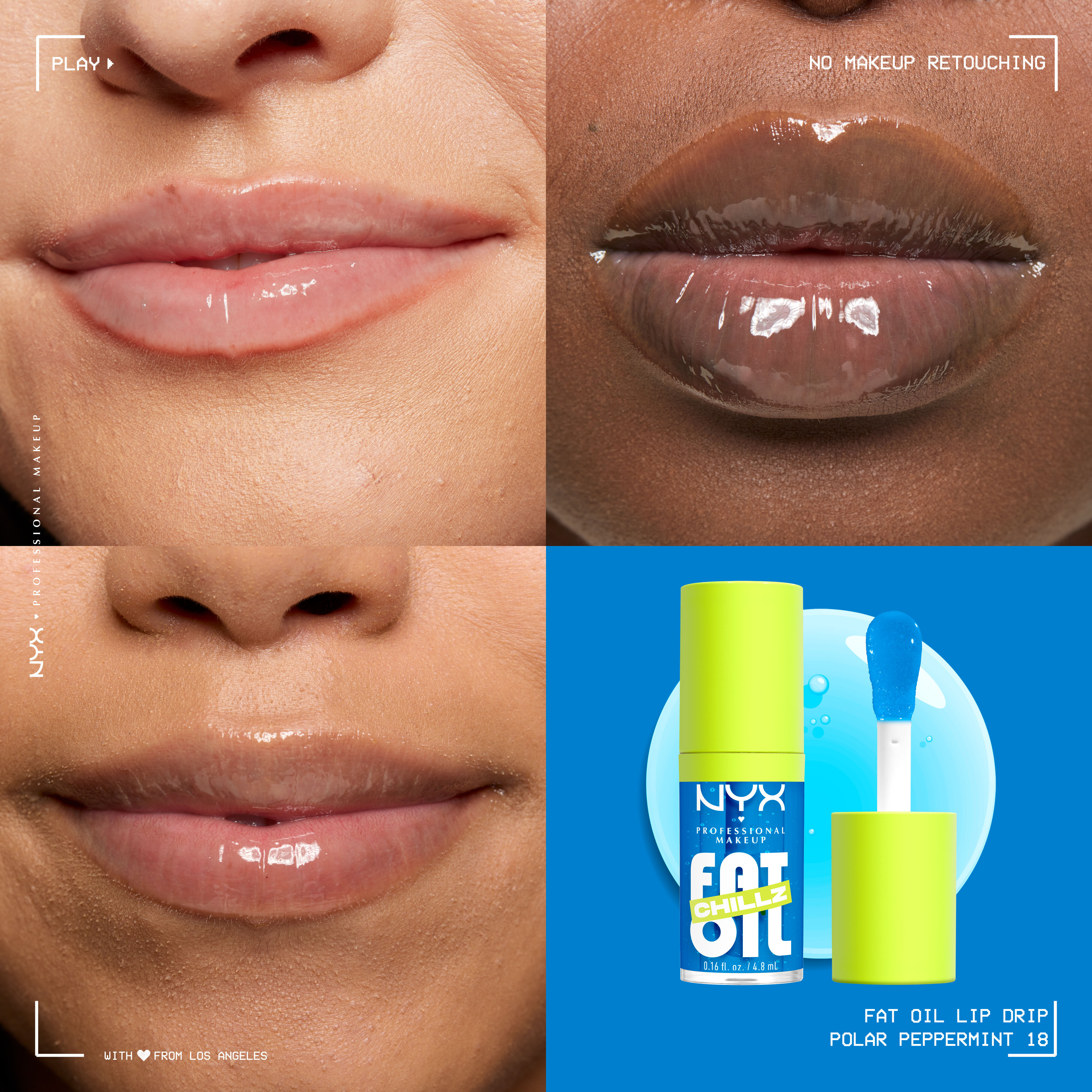 Fat Oil Chillz Lip Drip Lip Oil in shade Polar Peppermint on three different skin tones