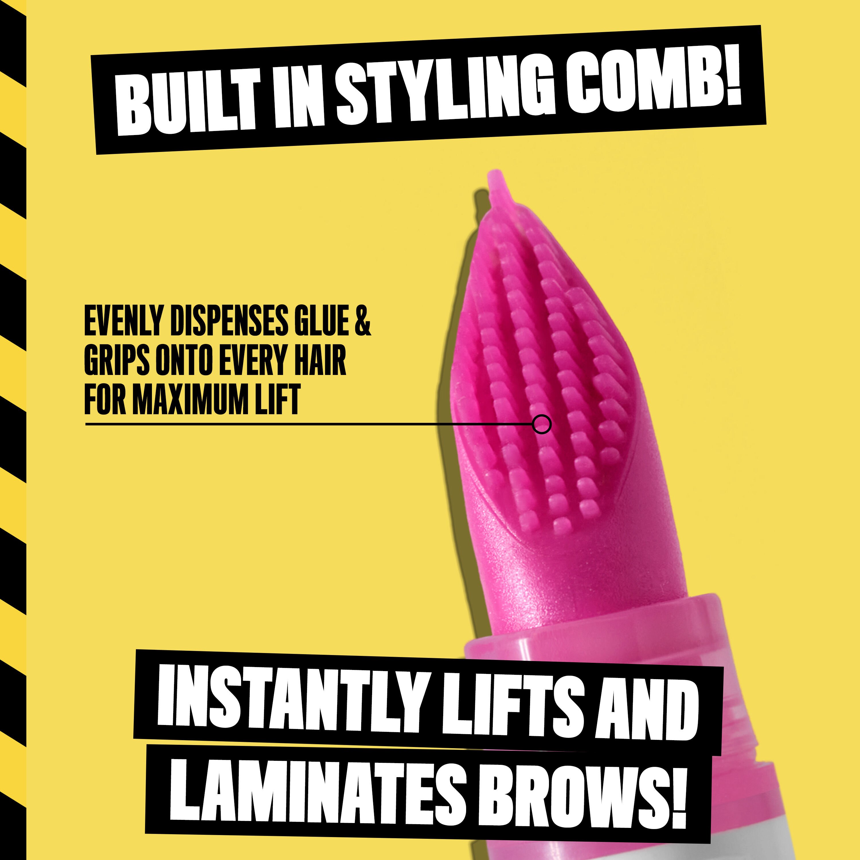 Closeup of The Brow Glue Crazy Lift Brow Gel's built in styling comb, a pink plastic brush