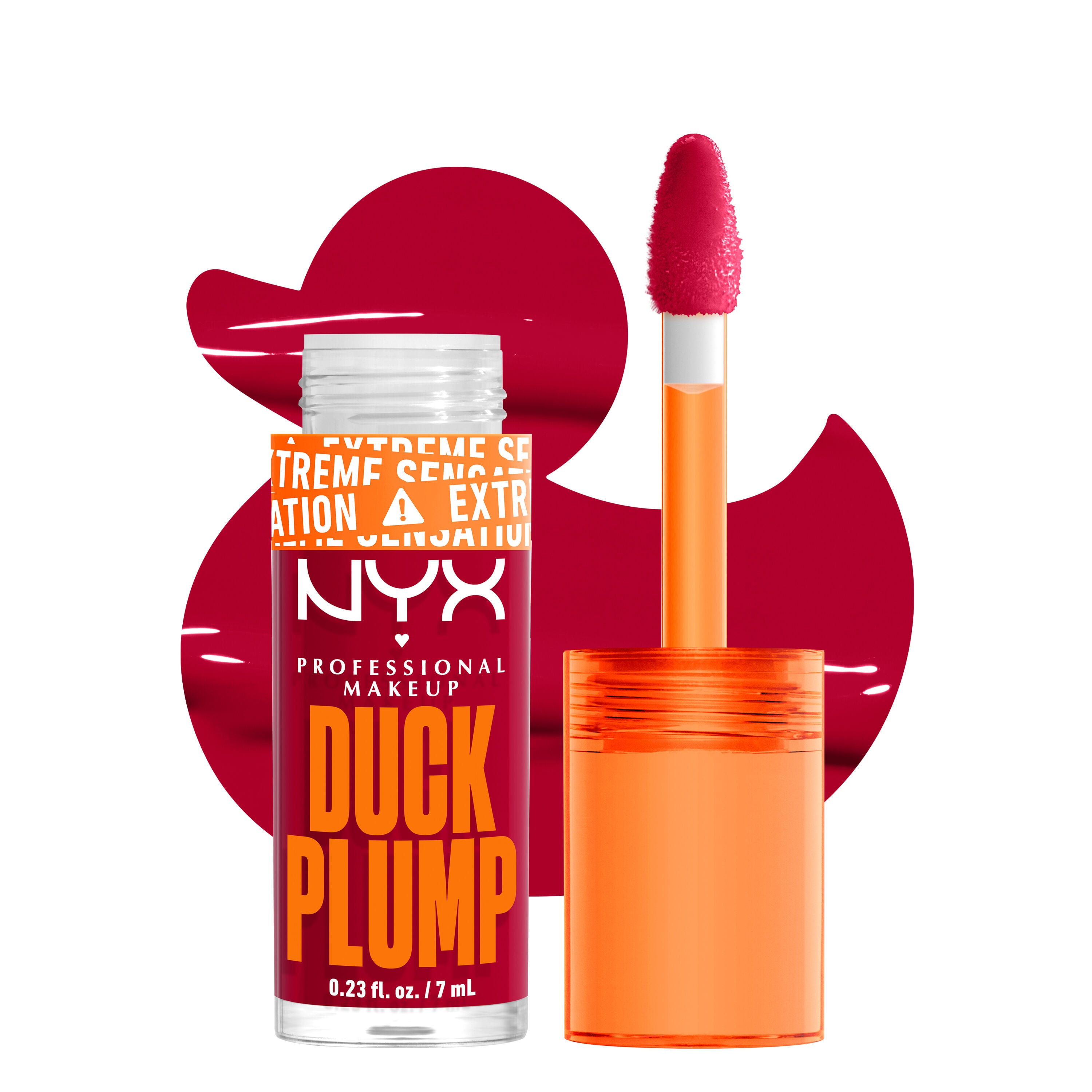 Duck Plump lip gloss bottle and applicator with duck cutout background