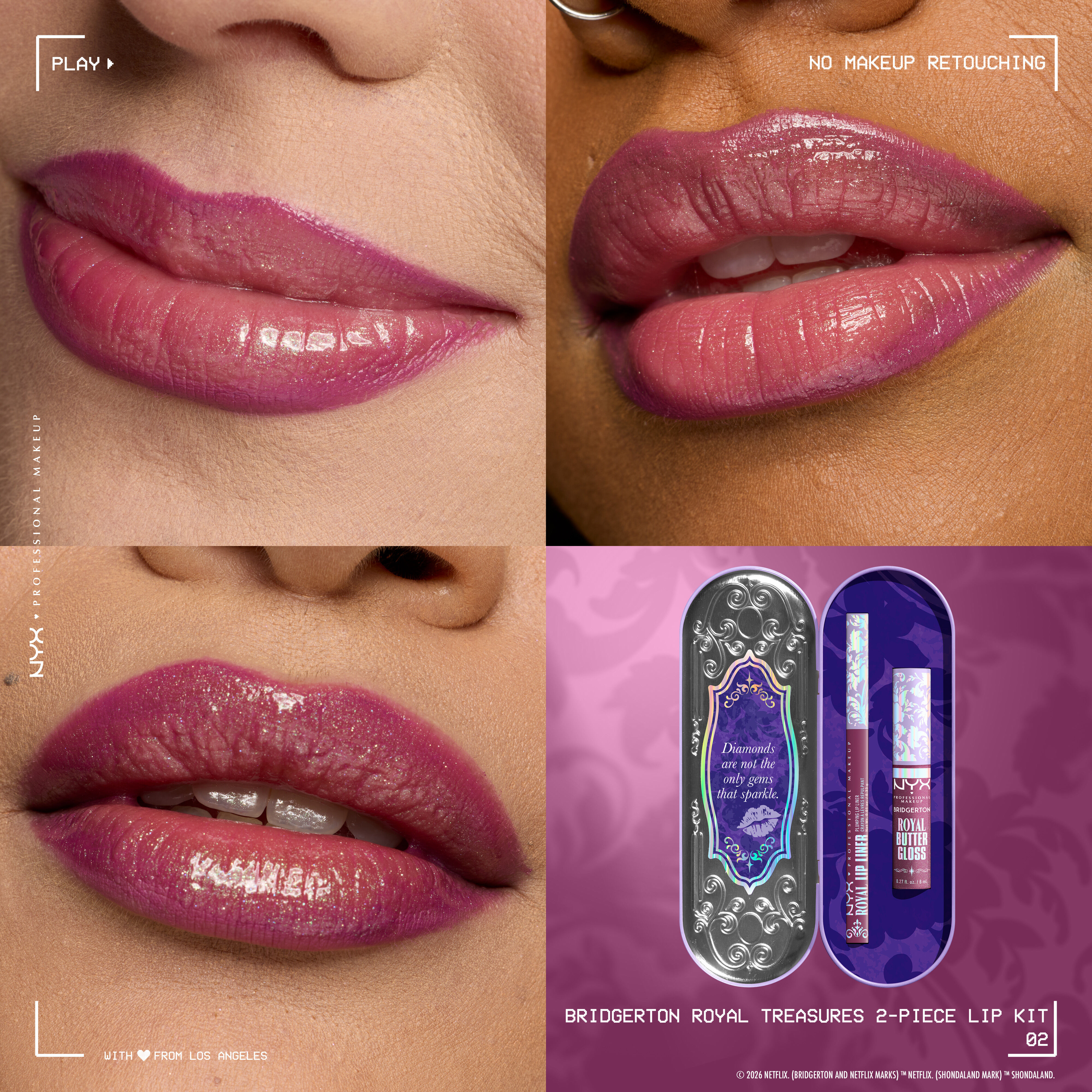 Lip macros of three different skintones wearing Bridgerton Royal Treasures 2-Piece Lip Kit and an image of the product packs next to the lips in shade Amethyst Amour, Cupid's Secret