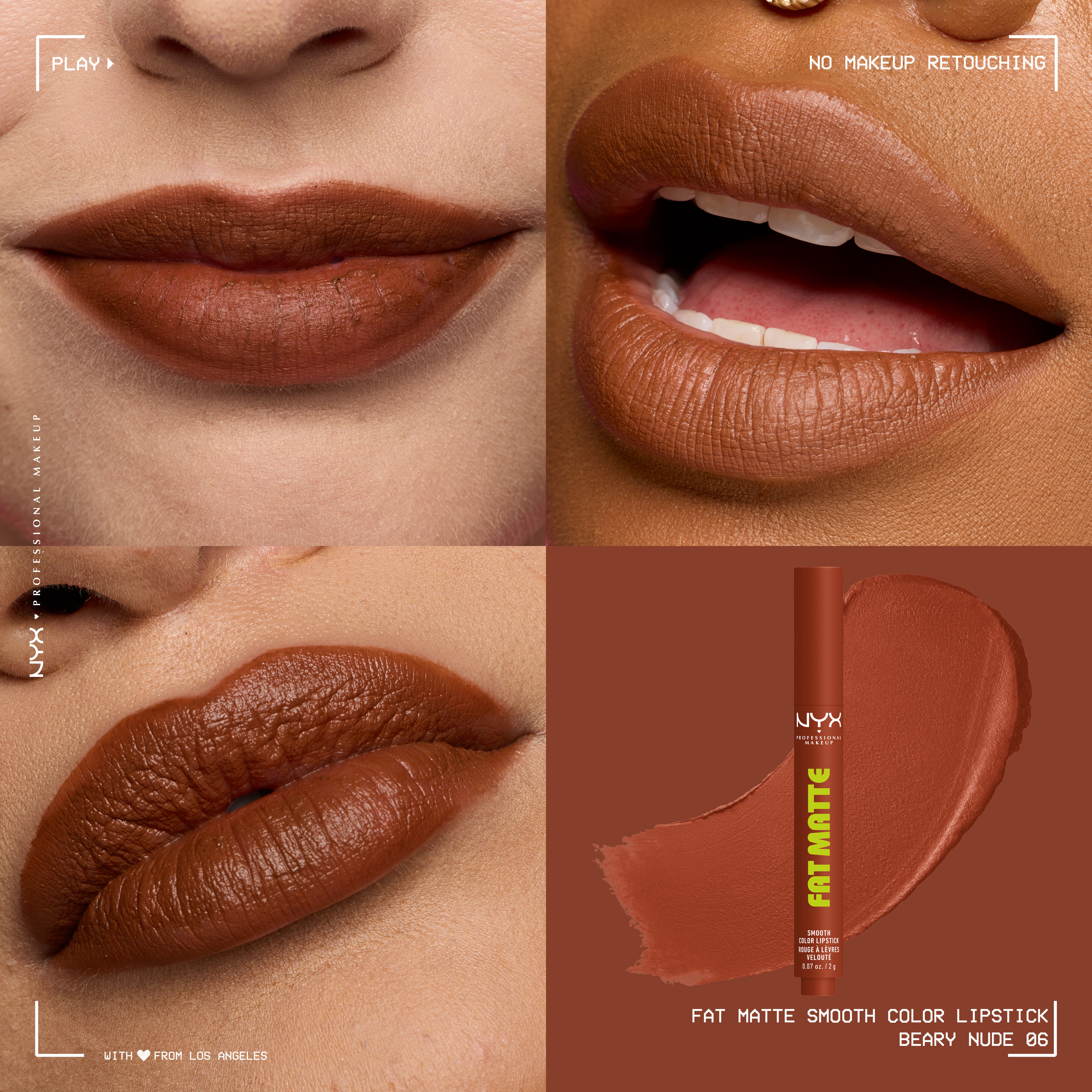 Four-panel grid showing NYX Professional Makeup Fat Matte Smooth Color Lipstick in shade Beary Nude on three diverse skin tones with a smooth, non-cakey matte finish, alongside the click-pen packshot and shade swatch.