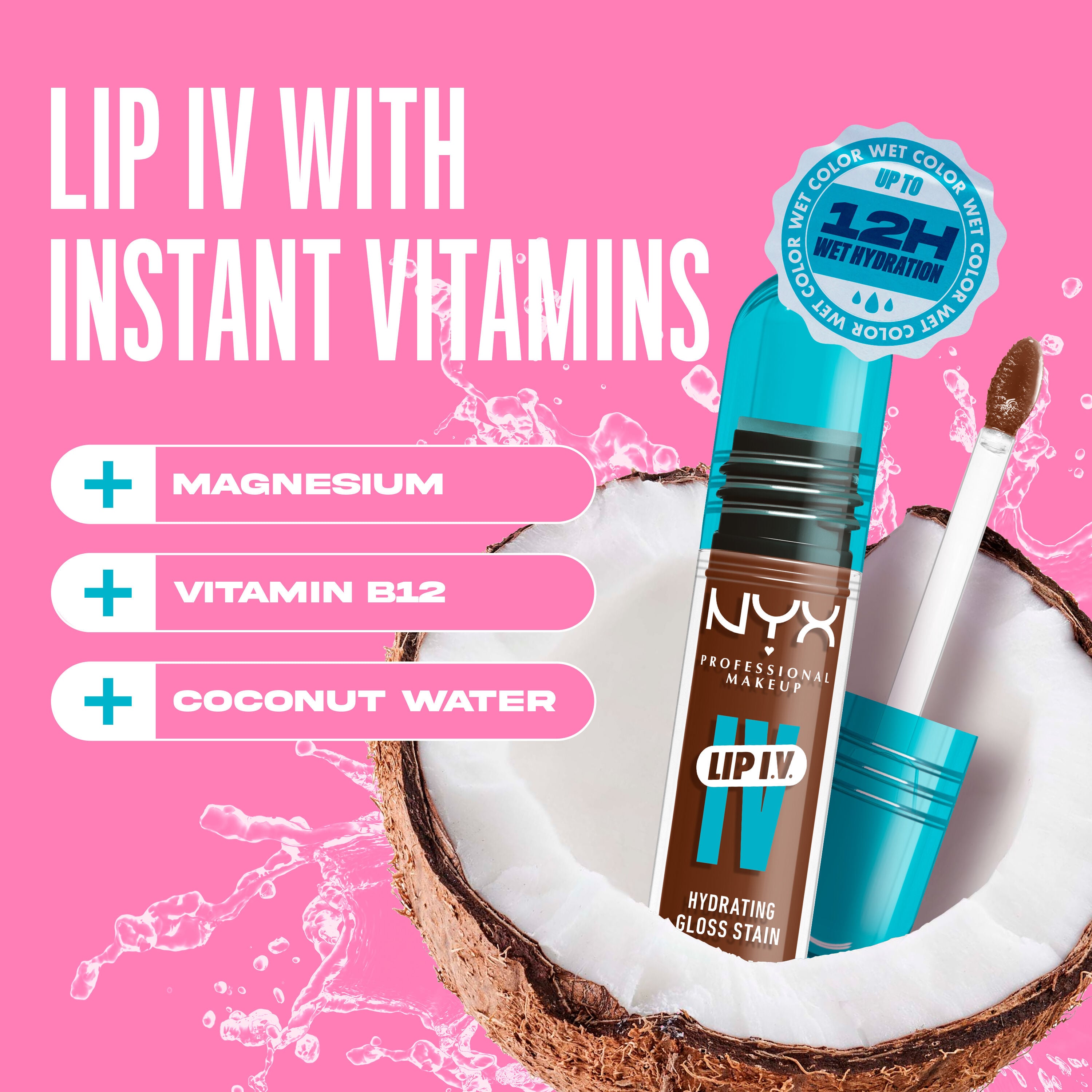 Lip I.V. Hydrating Gloss Lip Stain in a coconut with text "Lip I.V. with Instant Vitamins"