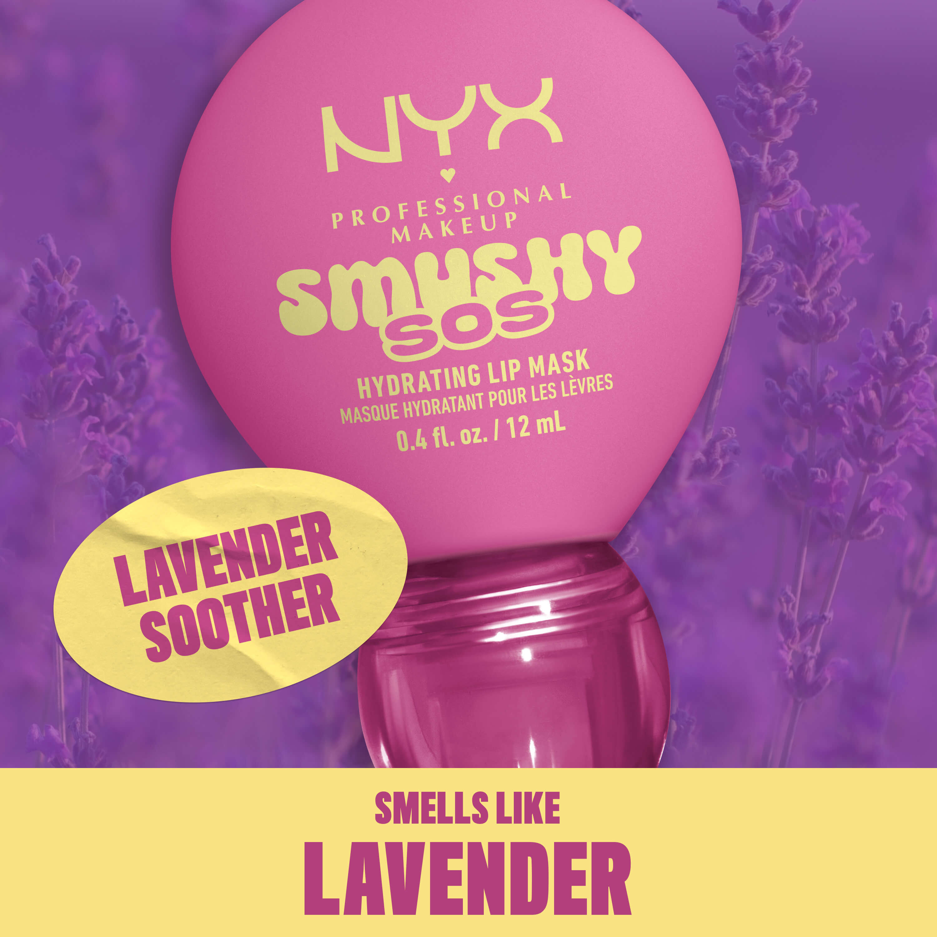 NYX Professional Makeup Smushy SOS lip mask in Lavender Soother with a lavender field, scented like lavender