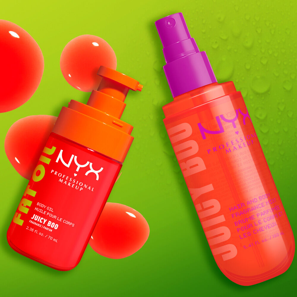 Two NYX Professional Makeup Juicy Boo products on a lime green background with glossy orange and clear bubbles: Fat Oil body oil in a bright orange pump bottle and hair and body fragrance mist in a coral spray bottle.