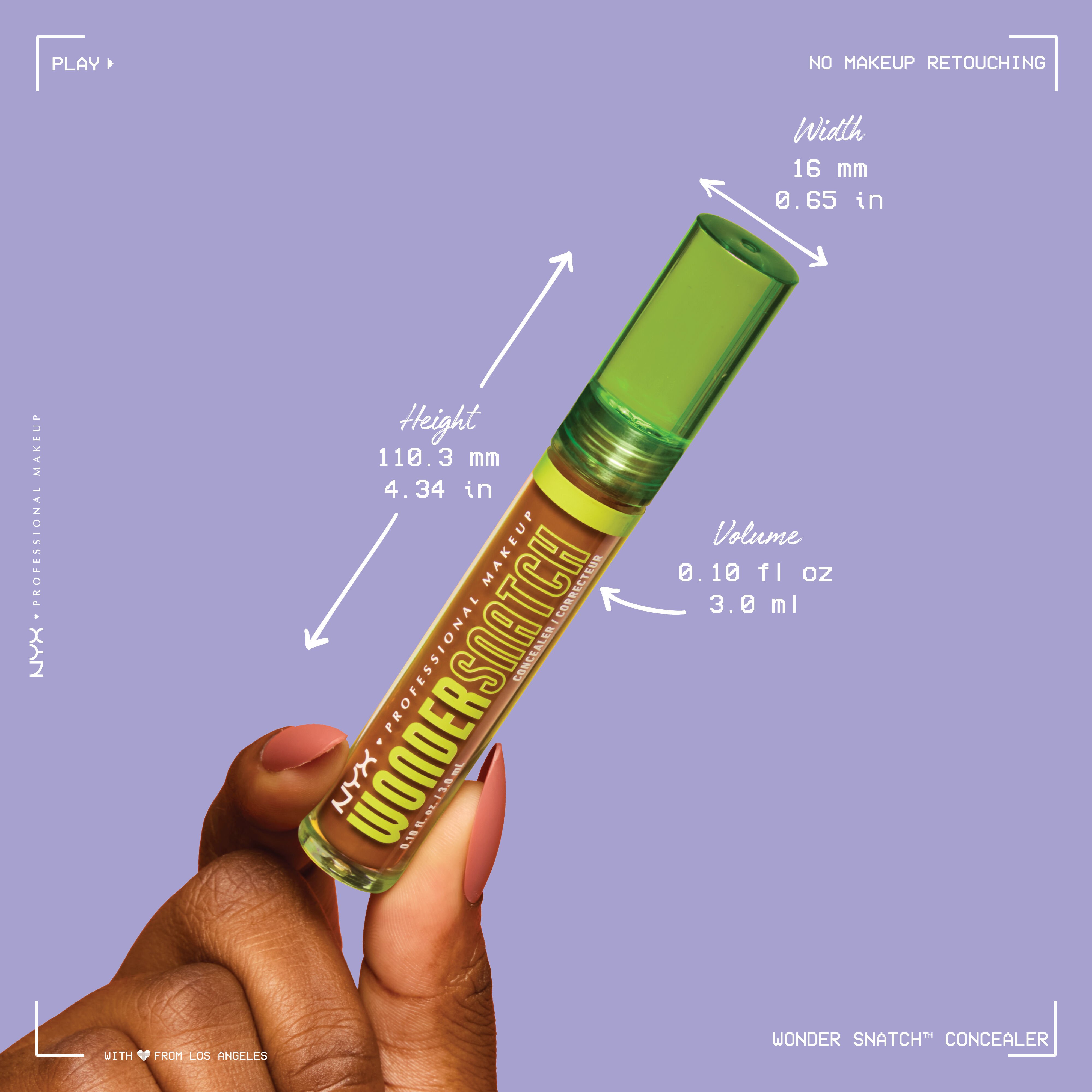 Wonder Snatch(TM) Concealer product specs. Height 110.3 mm (4.34 in). Width 16 mm (0.65 in). Volume 0.10 fl oz (3.0 ml)