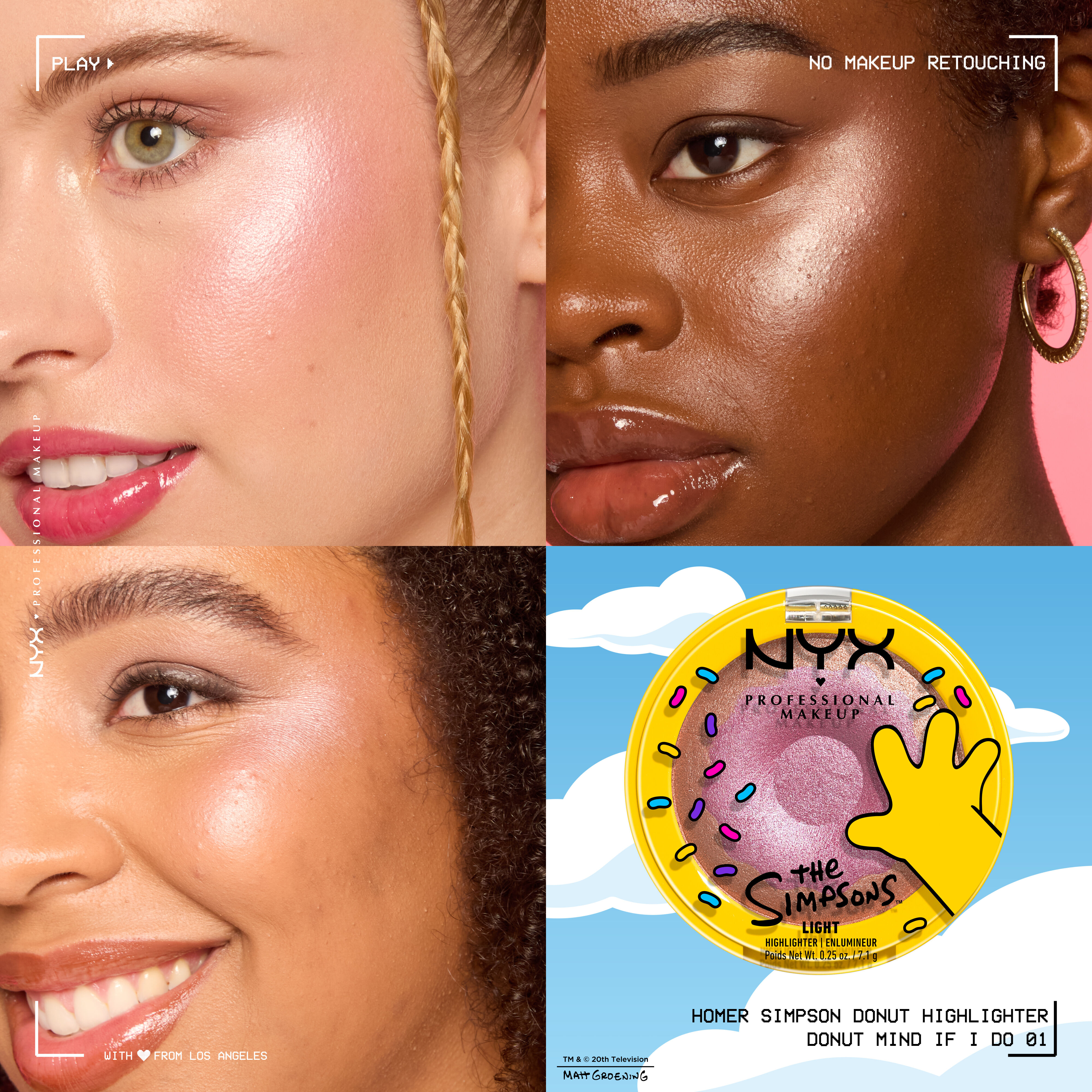 NYX Professional Makeup The Simpsons highlighter shade grid showing product swatches on different skin tones with donut-themed packaging in shade  01 Donut mind if I do