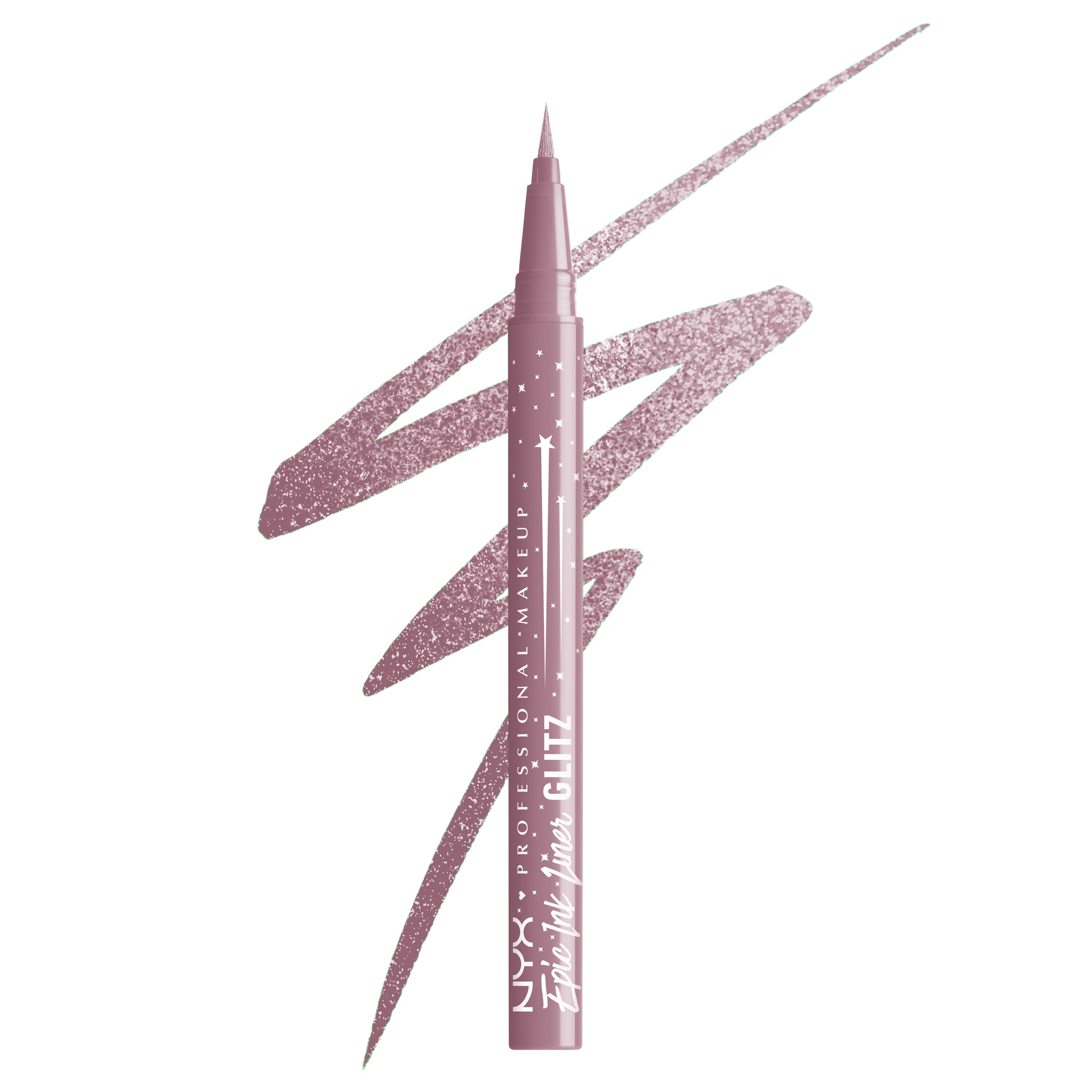 Epic Ink Waterproof Liquid Eyeliner packshot in shade Shimmer Stitch with shimmer mauve purple squiggle in background