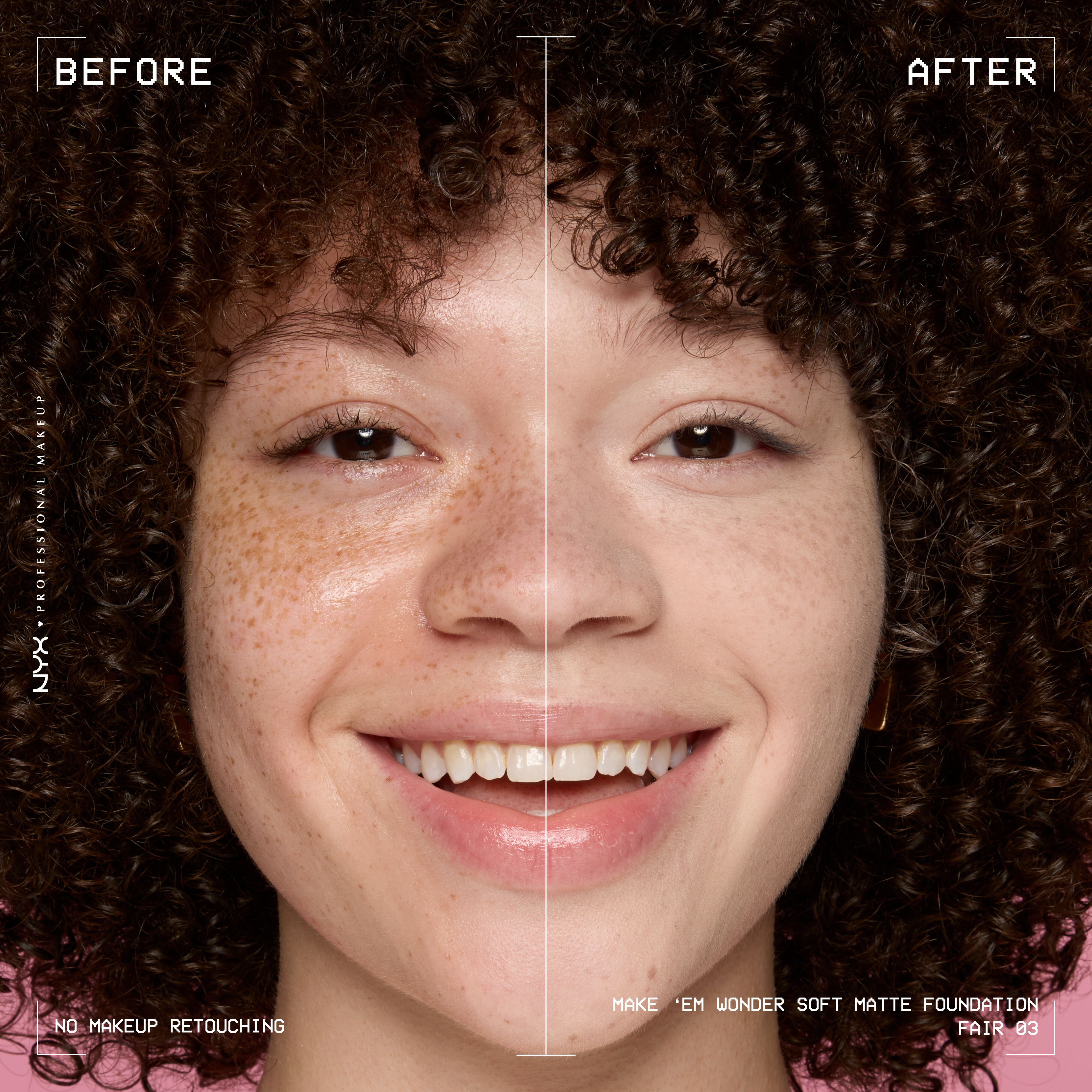 Before-and-after model wearing NYX Make ’Em Wonder Foundation shade 03 Fair, text overlay “Before / After.”
