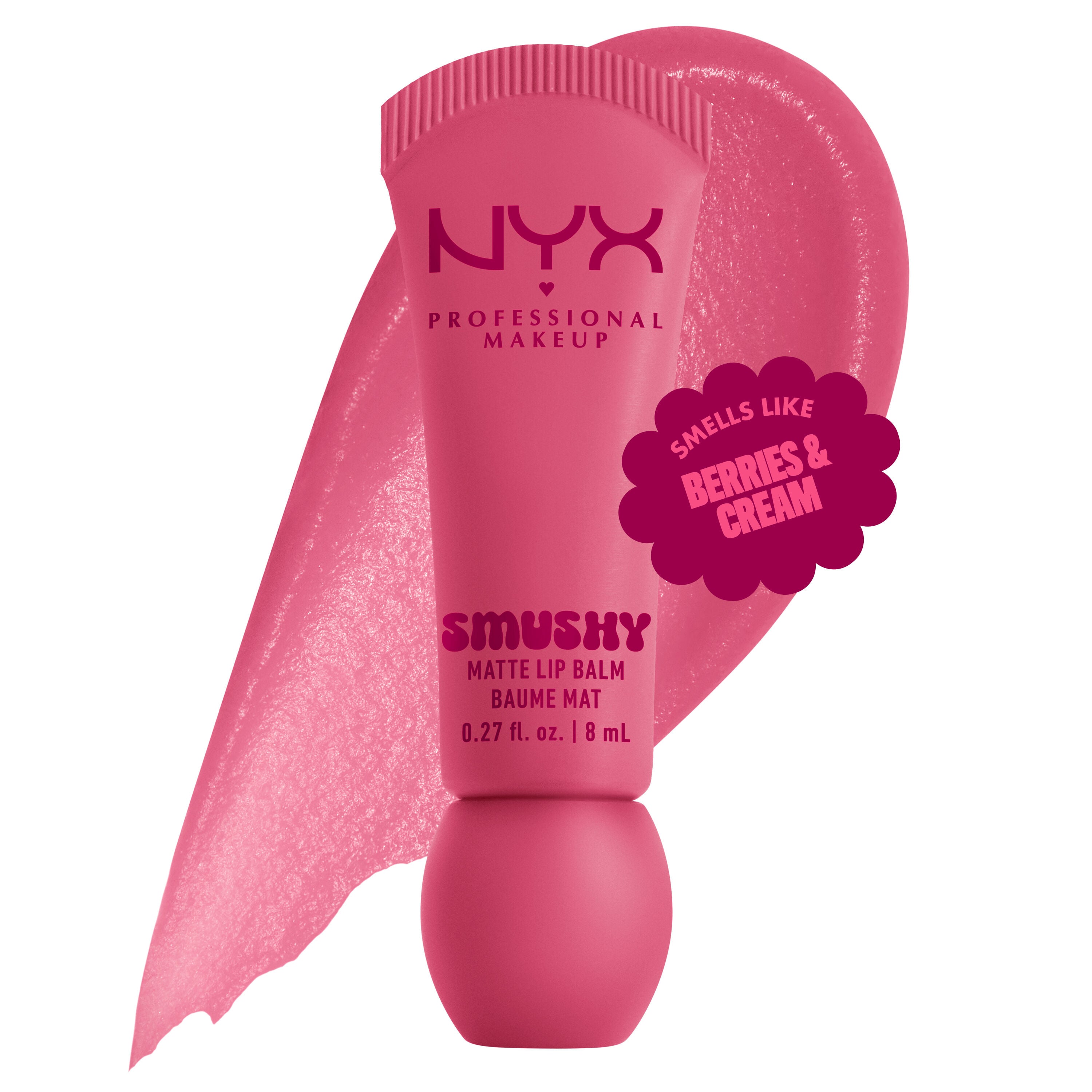 Smushy Matte Lip Balm in light dusty rose shade, Swipe Sesh, on white background with lip balm color swatch