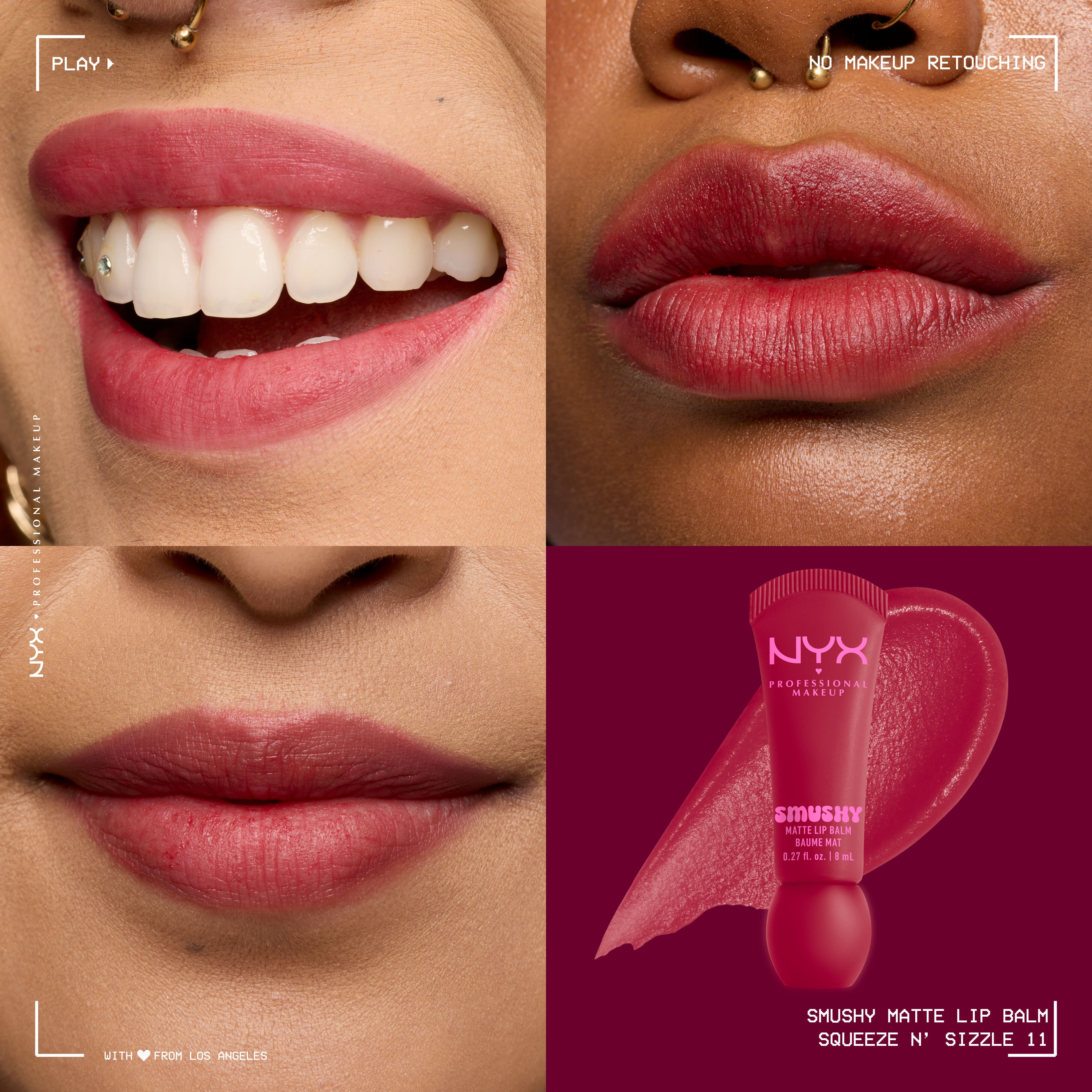Smushy Matte Lip Balm in cherry red shade, Squeeze N Sizzle, on three different skin tones