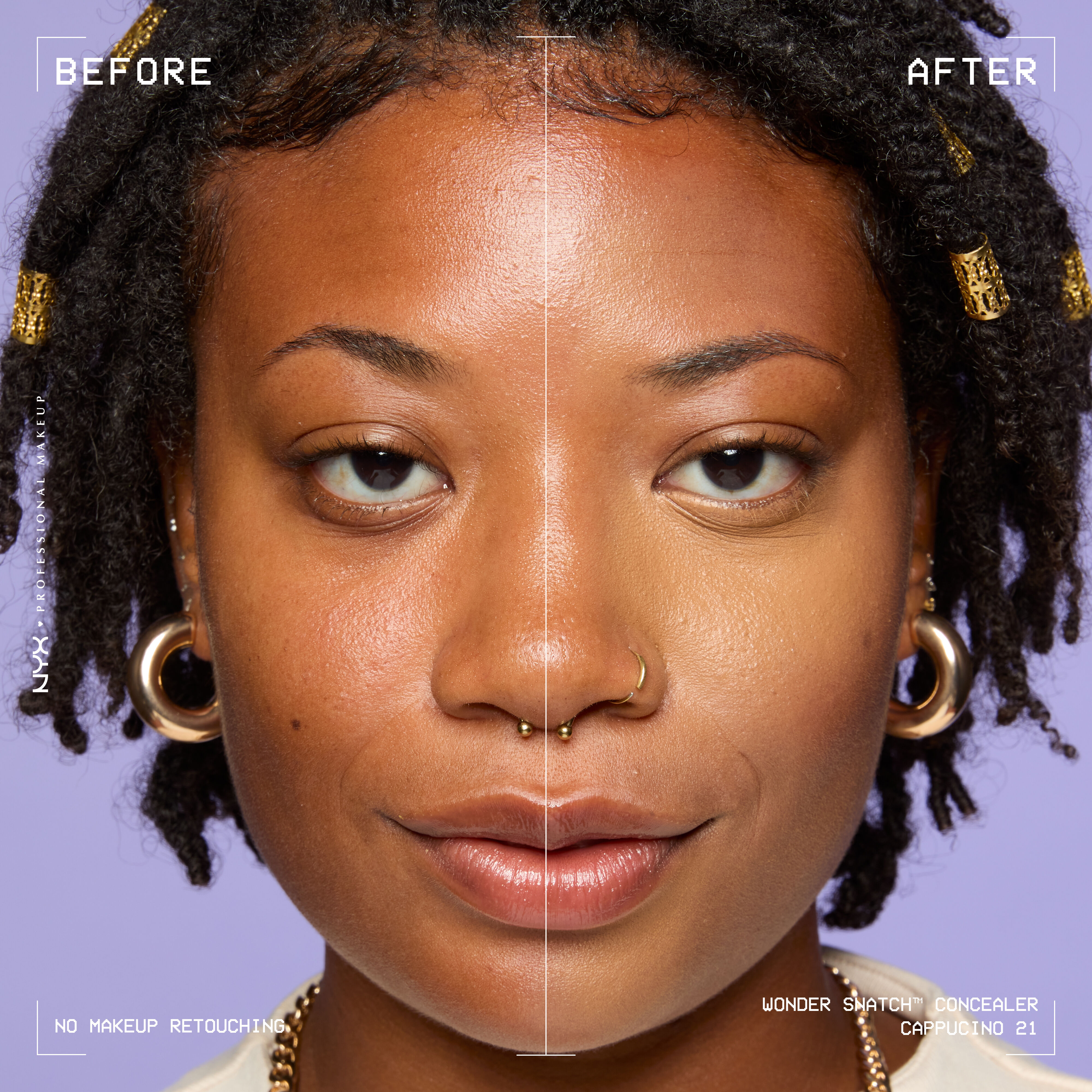 Before-and-after comparison of model wearing Wonder Snatch(TM) Concealer, showing brighter under-eyes and smoother-looking skin.