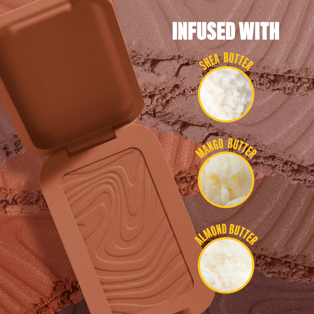 Open Buttermelt Bronzer pack in shade "Butta Ballin" with image close-ups of shea, mango, and almond butter