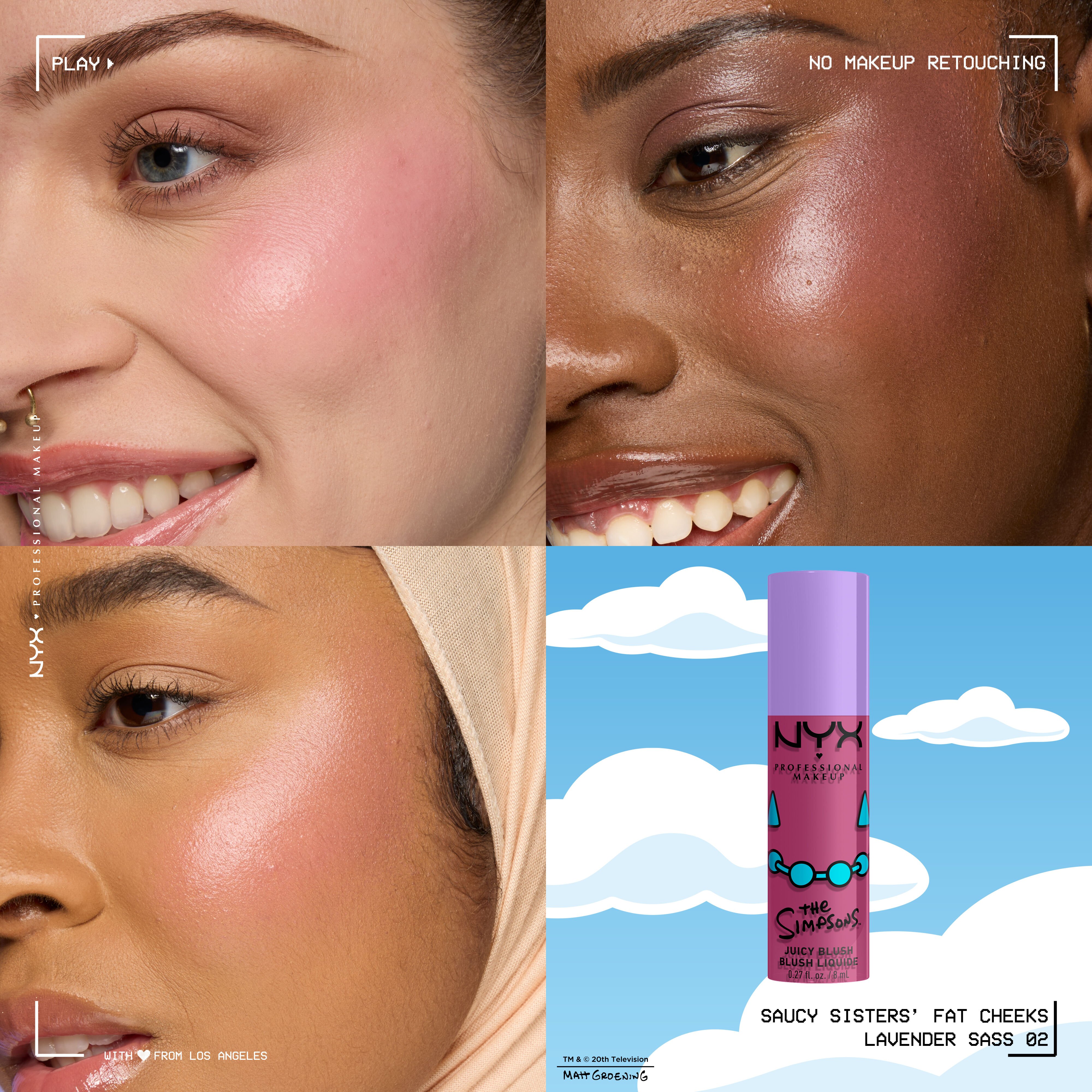 NYX Professional Makeup The Simpsons Fat Blush shade grid showing product swatches on different skin tones with product packaging in shade 02 Lavender Sass