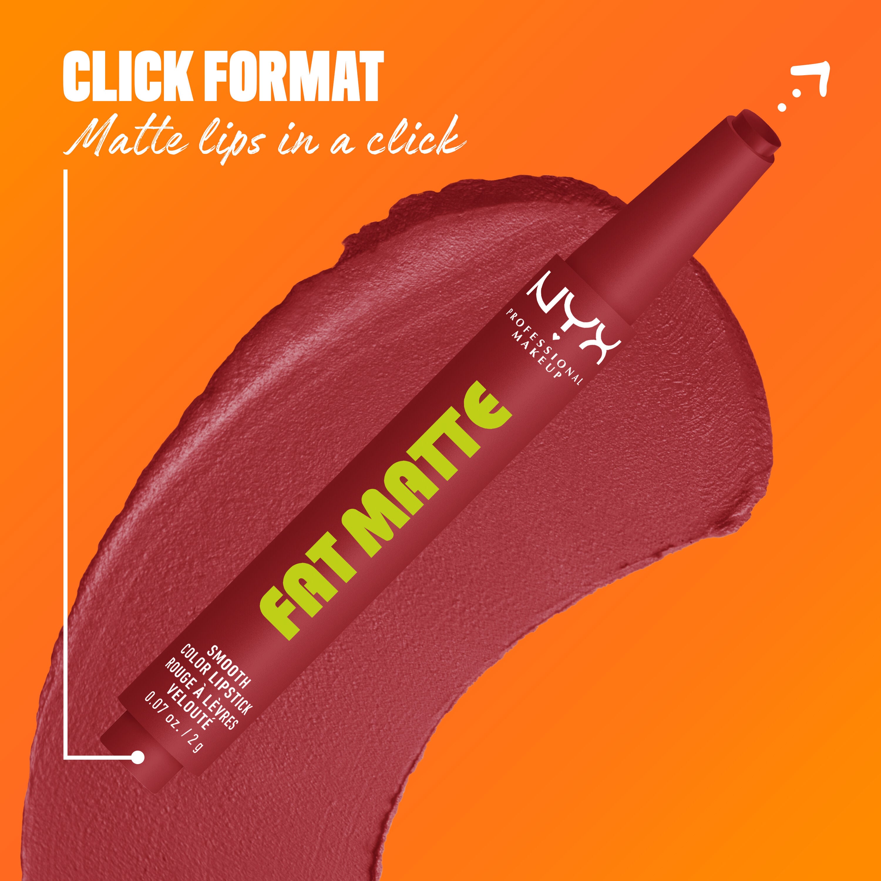 NYX Professional Makeup Fat Matte Smooth Color Lipstick in deep rose shade Mauve Cloud, showing the click-pen applicator format and shade swatch, highlighting easy, mess-free matte lipstick application.